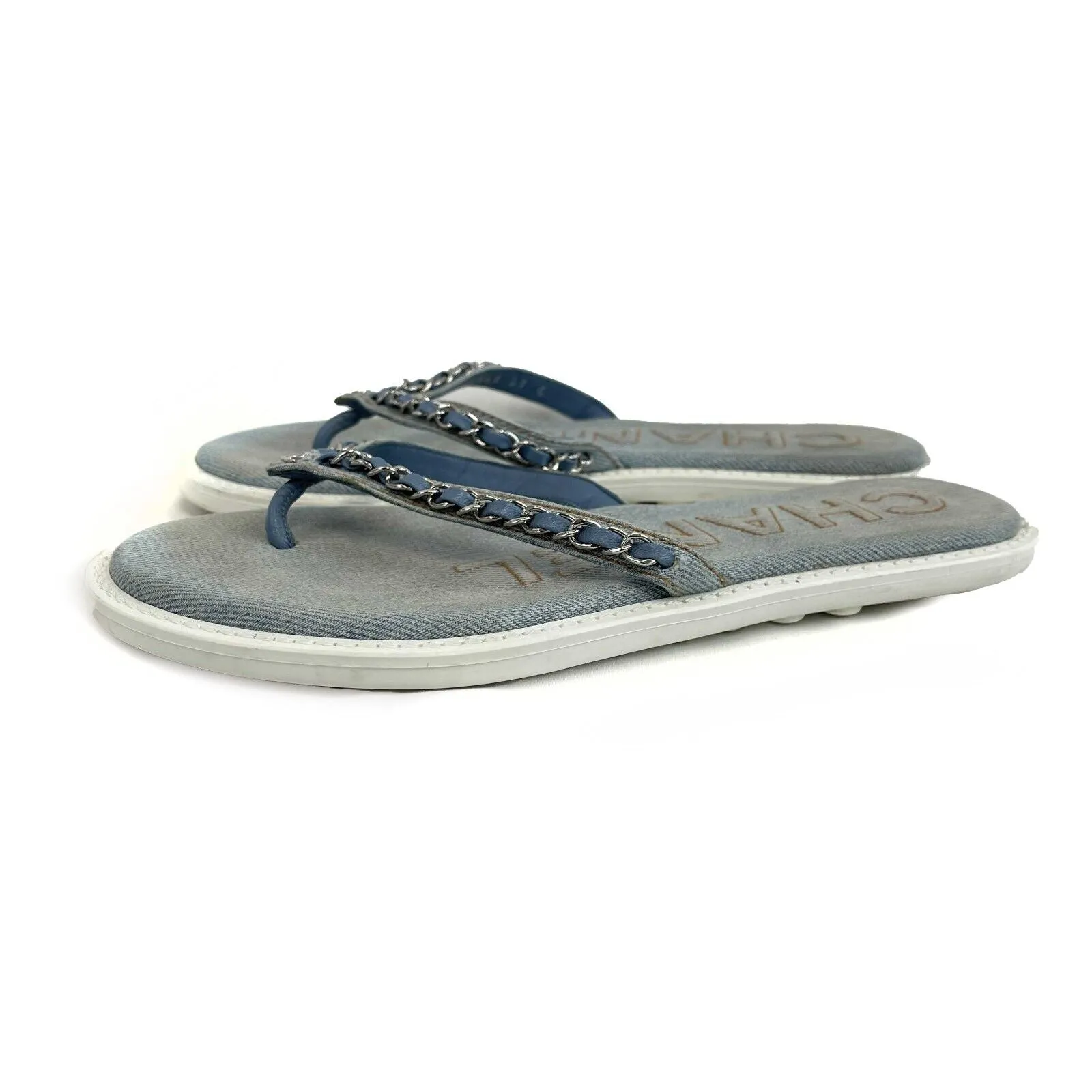 Chanel - CC Denim Sandals / Flip Flops - Blue, White - 37 / US 7