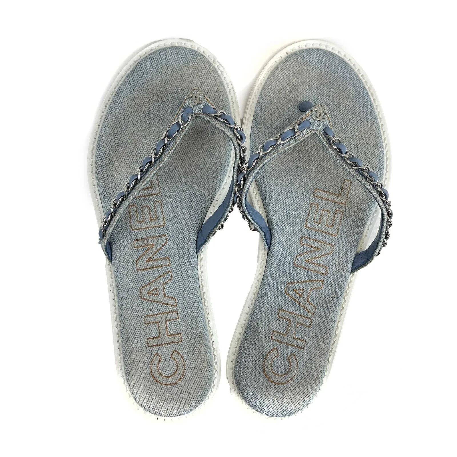 Chanel - CC Denim Sandals / Flip Flops - Blue, White - 37 / US 7