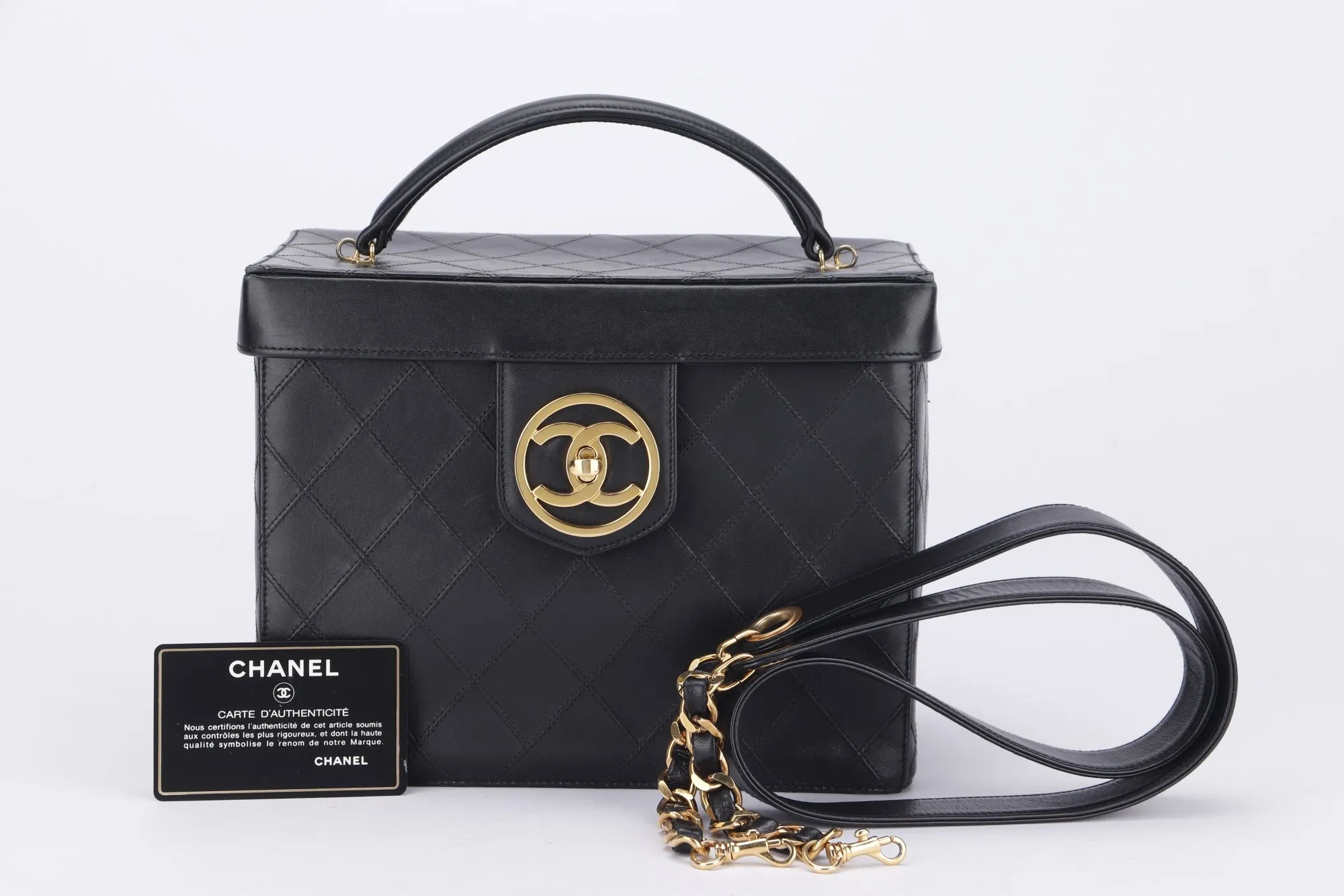 Chanel Vintage Vanity Case (259xxxx) Black Quilted Lambskin, Gold Hardware, with Strap & Card, no Dust Cover