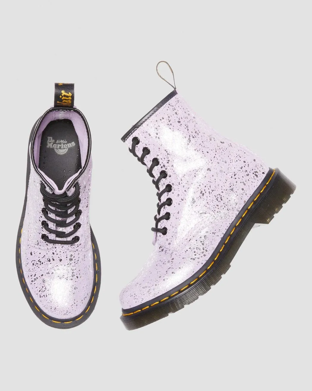 Dr Marten's  UNISEX 1460 METALLIC SPLATTER SUEDE LACE UP BOOTS (Lilac Metalic Paint Splatter)