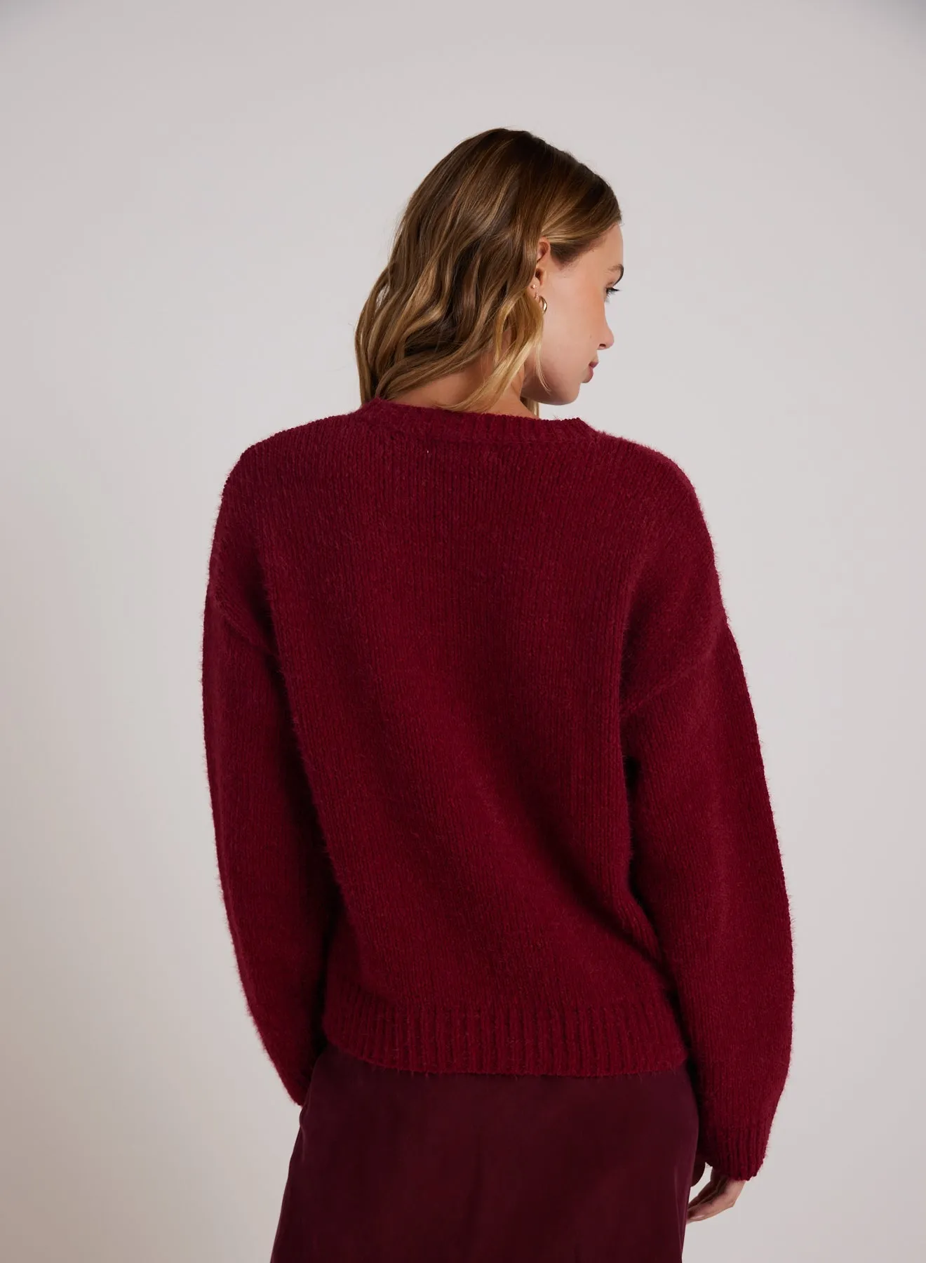 Drop Shoulder Fuzzy  Chenille Sweater - Deep Plum