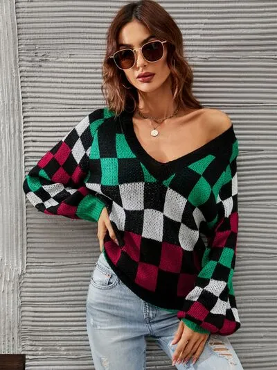 Explore More Collection - Checkered V-Neck Lantern Sleeve Sweater