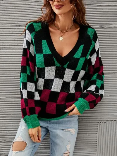 Explore More Collection - Checkered V-Neck Lantern Sleeve Sweater