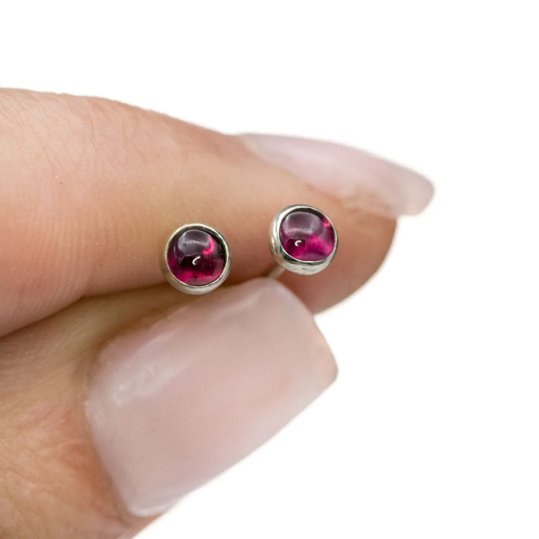 Garnet Cabochon Stud Earrings in Sterling Silver, Ready to Ship