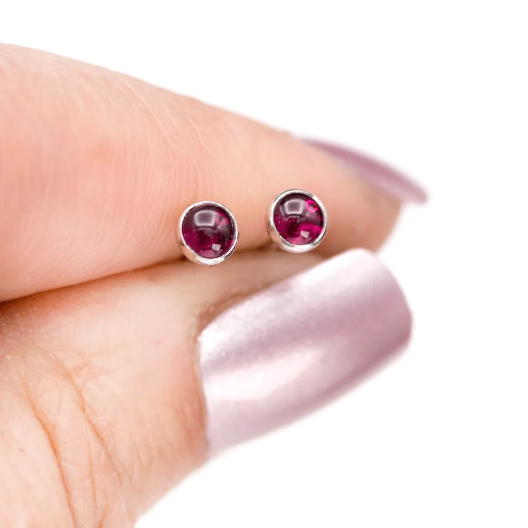 Garnet Cabochon Stud Earrings in Sterling Silver, Ready to Ship