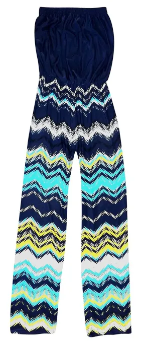 Geometric Blouson Elastic Top Jumpsuit Romper L Multicolor Blue