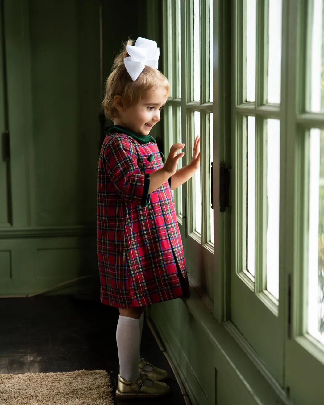 Girl's "Christmas Plaids" Pleated Buttons Dress