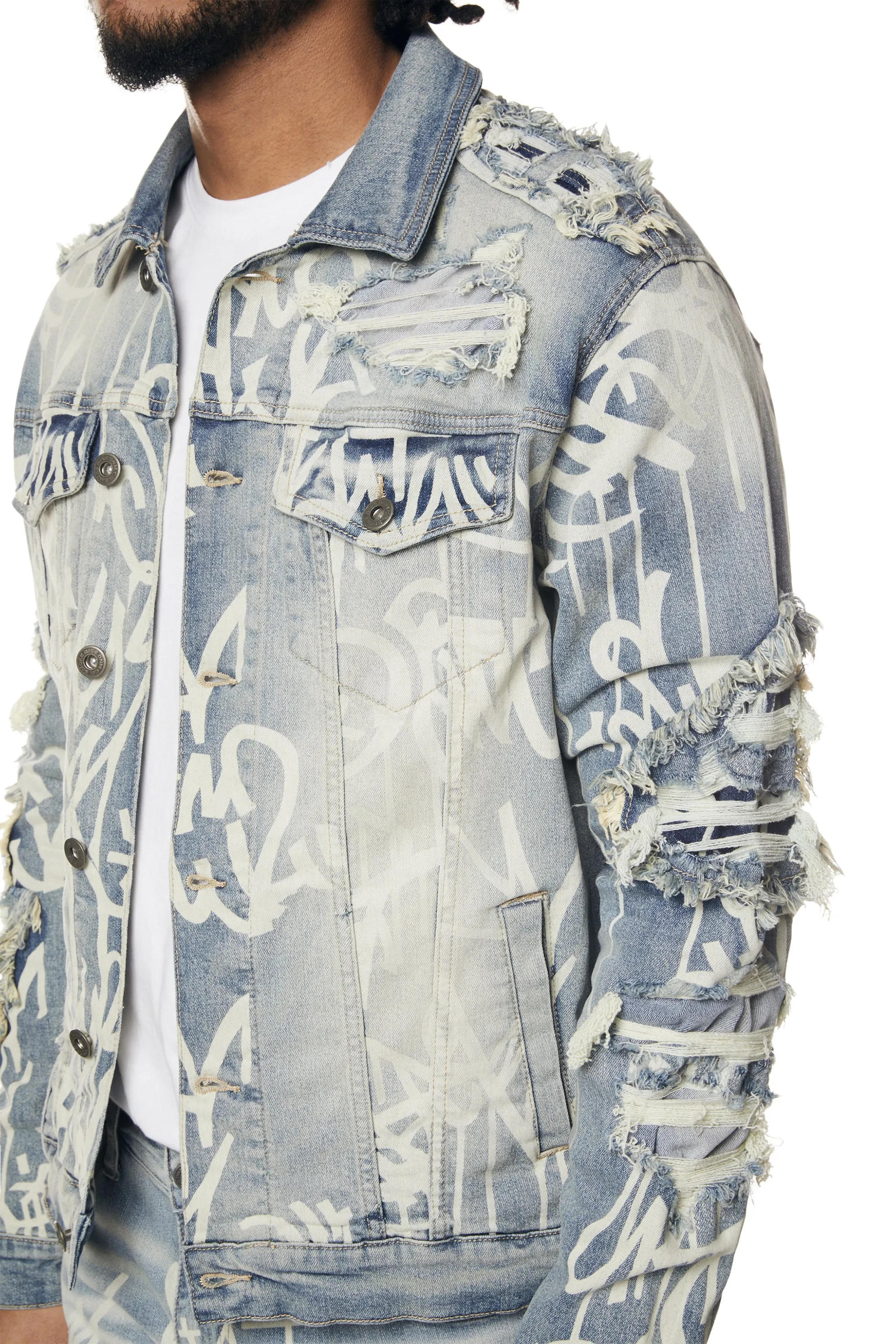 Heavy Rip & Repair Doodle Jean Jacket - Nassau Blue