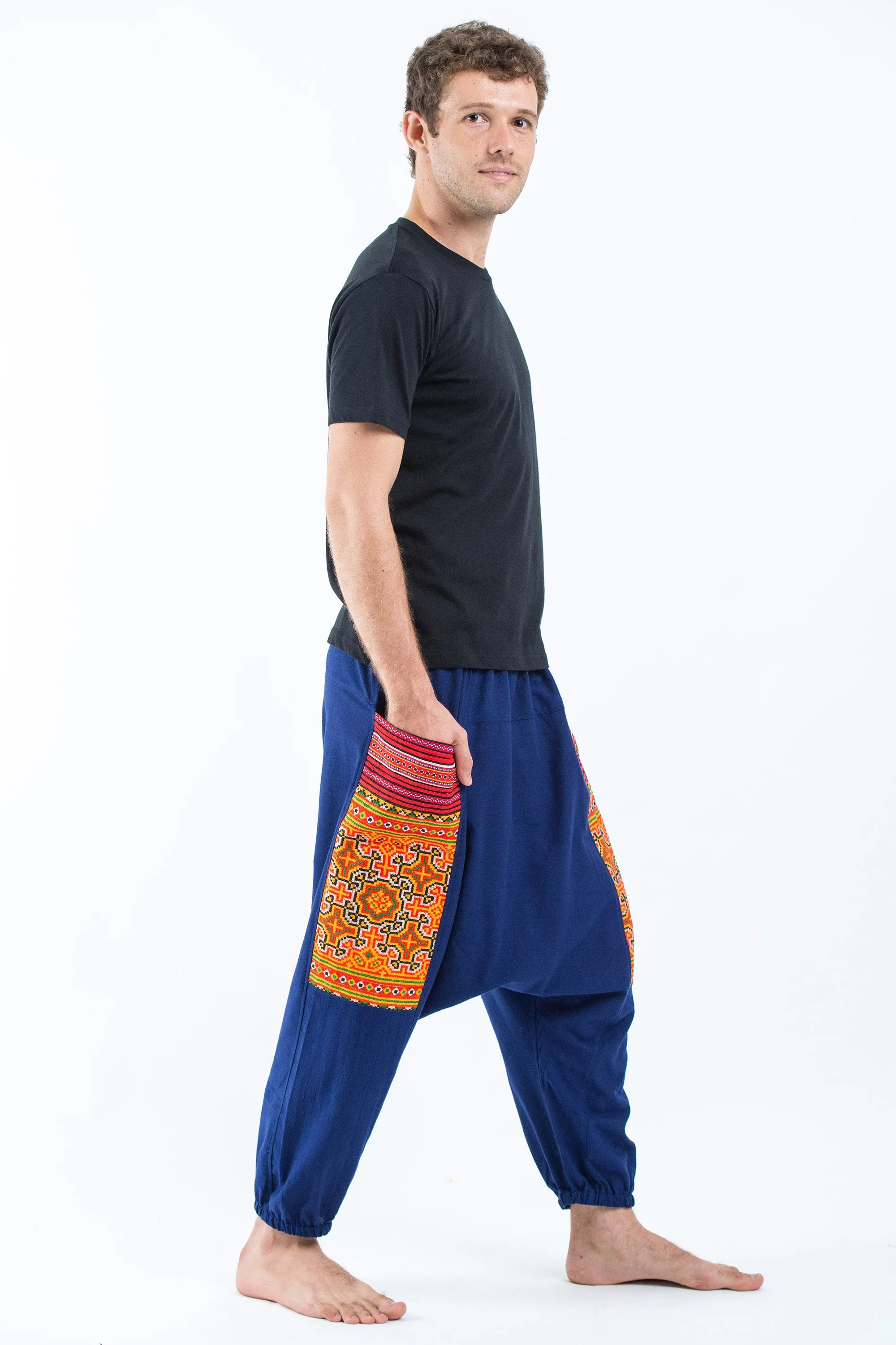 Hill Tribe Embroidered Cotton Men's Harem Pants In Blue