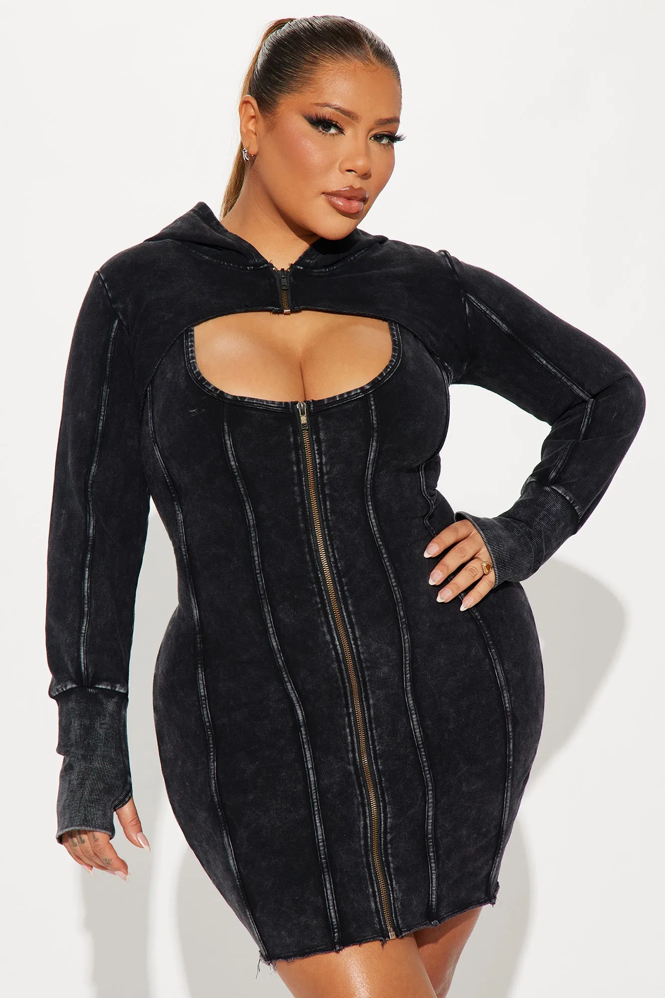 In A Mood Hooded Mini Dress Set - Black Wash