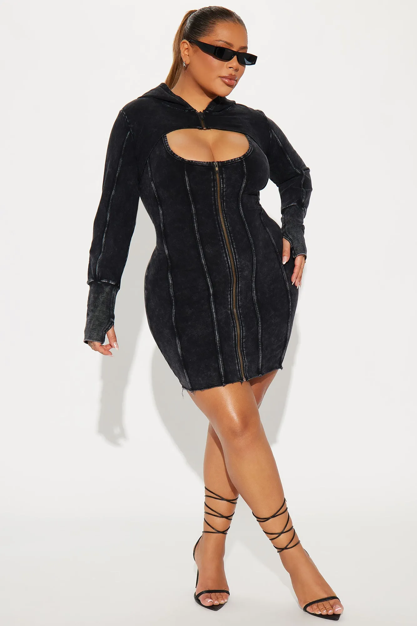 In A Mood Hooded Mini Dress Set - Black Wash