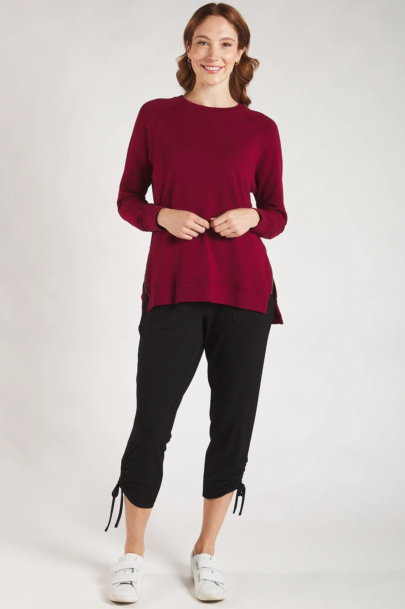 Kamea Side-Zip Bamboo Fleece Sweatshirt - Cranberry