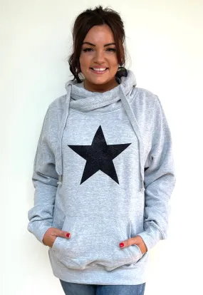 Luxury Cowl Neck Glitter Star Hoodie - Grey