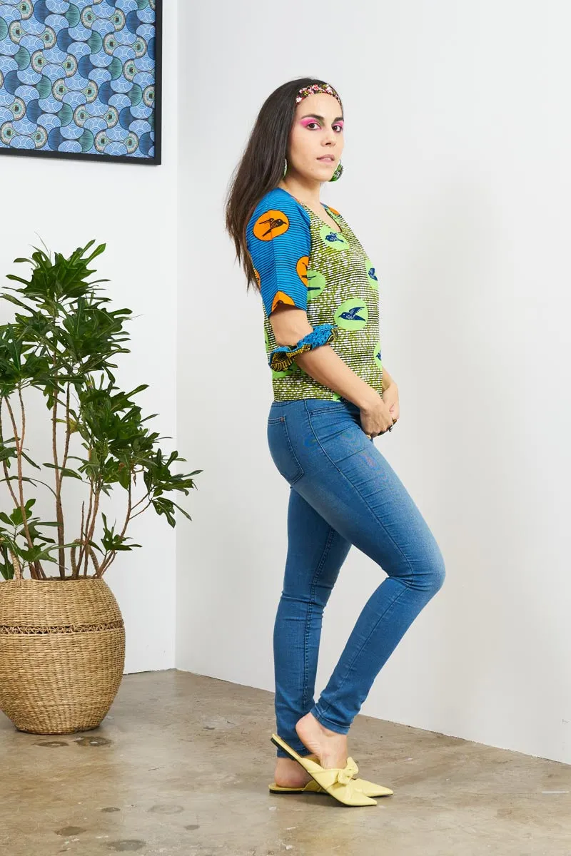 Medley Top - Green & Blue Speedbird print