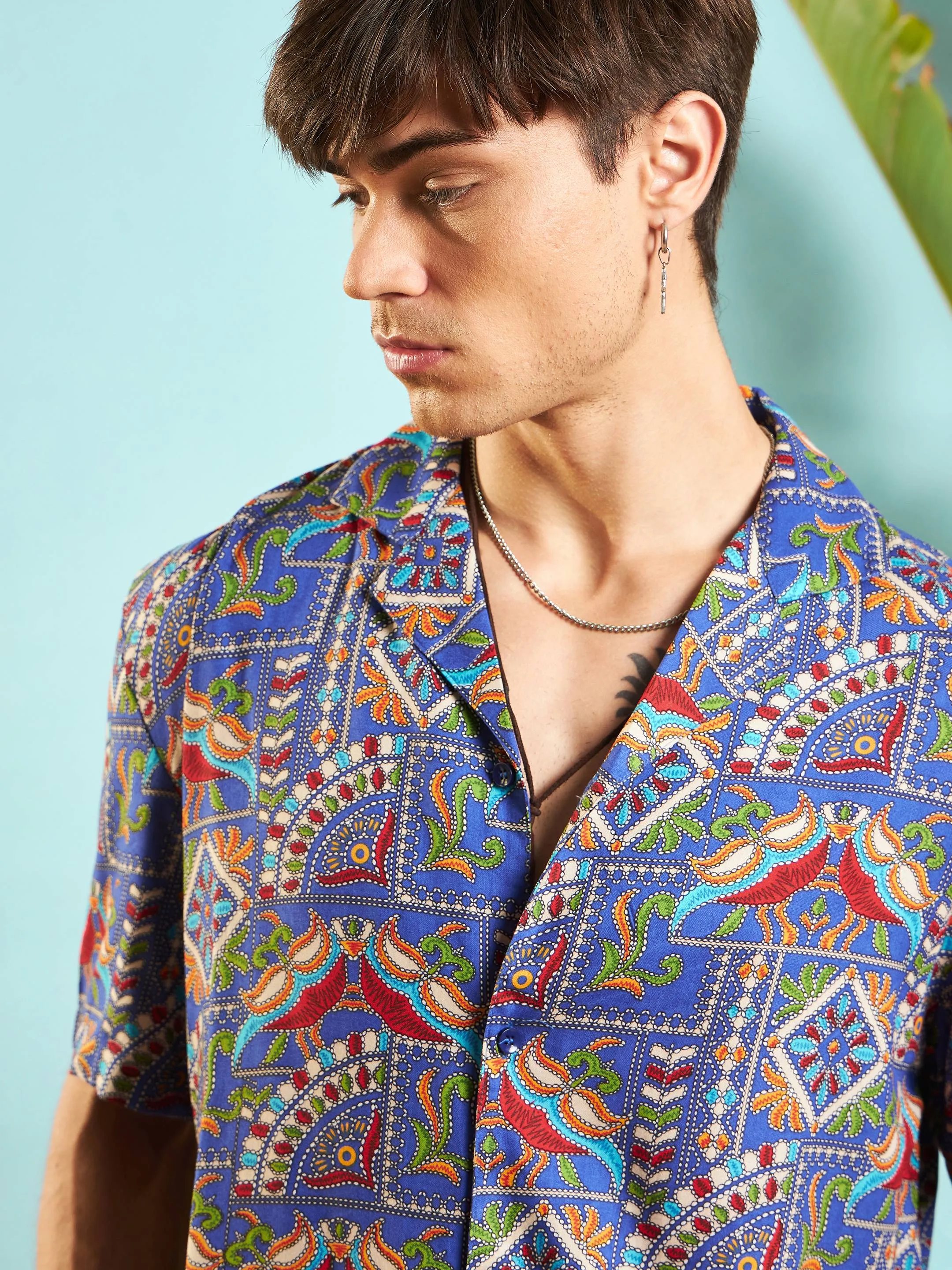 Men Blue Ethnic Print Relax Fit Shirt