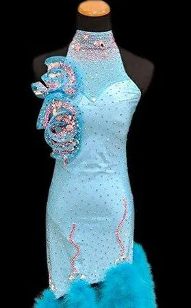 Mint Blue and Pink Feather Latin/Rhythm Dress LAT003 sz Small