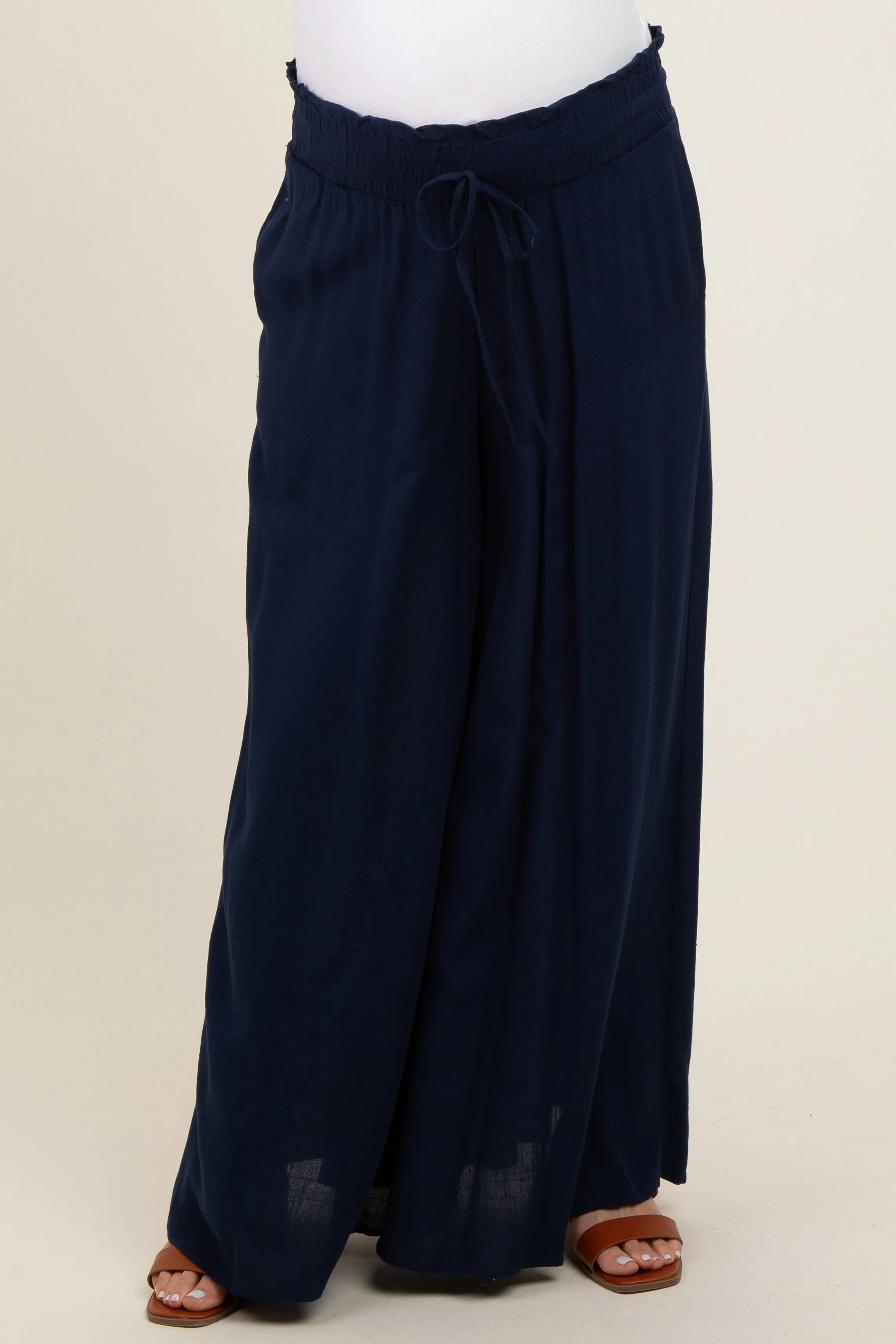 Navy Blue Wide Leg Smocked Lightweight Maternity Pants