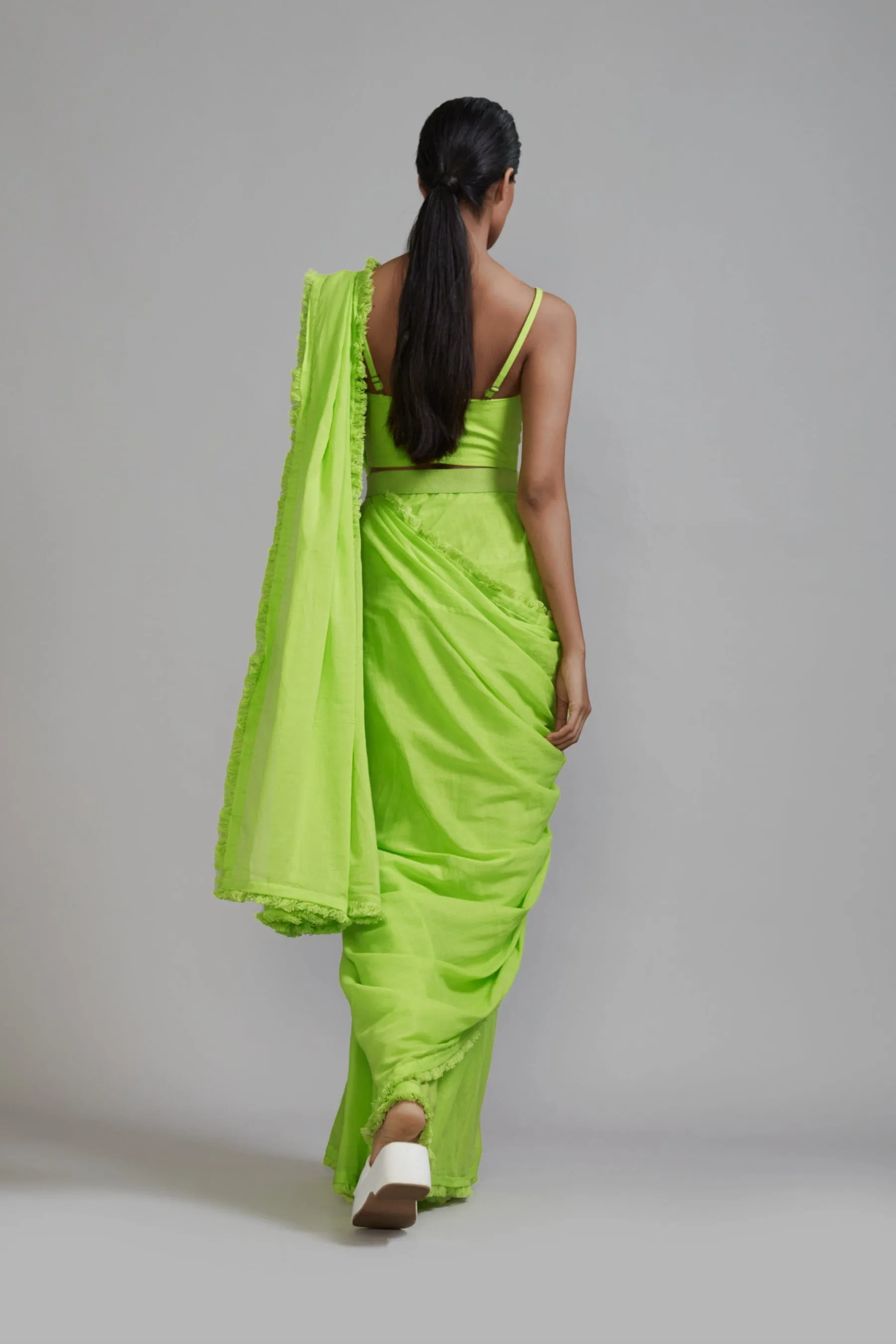 Neon Green Saree & Fringed Corset Set (2 PCS)