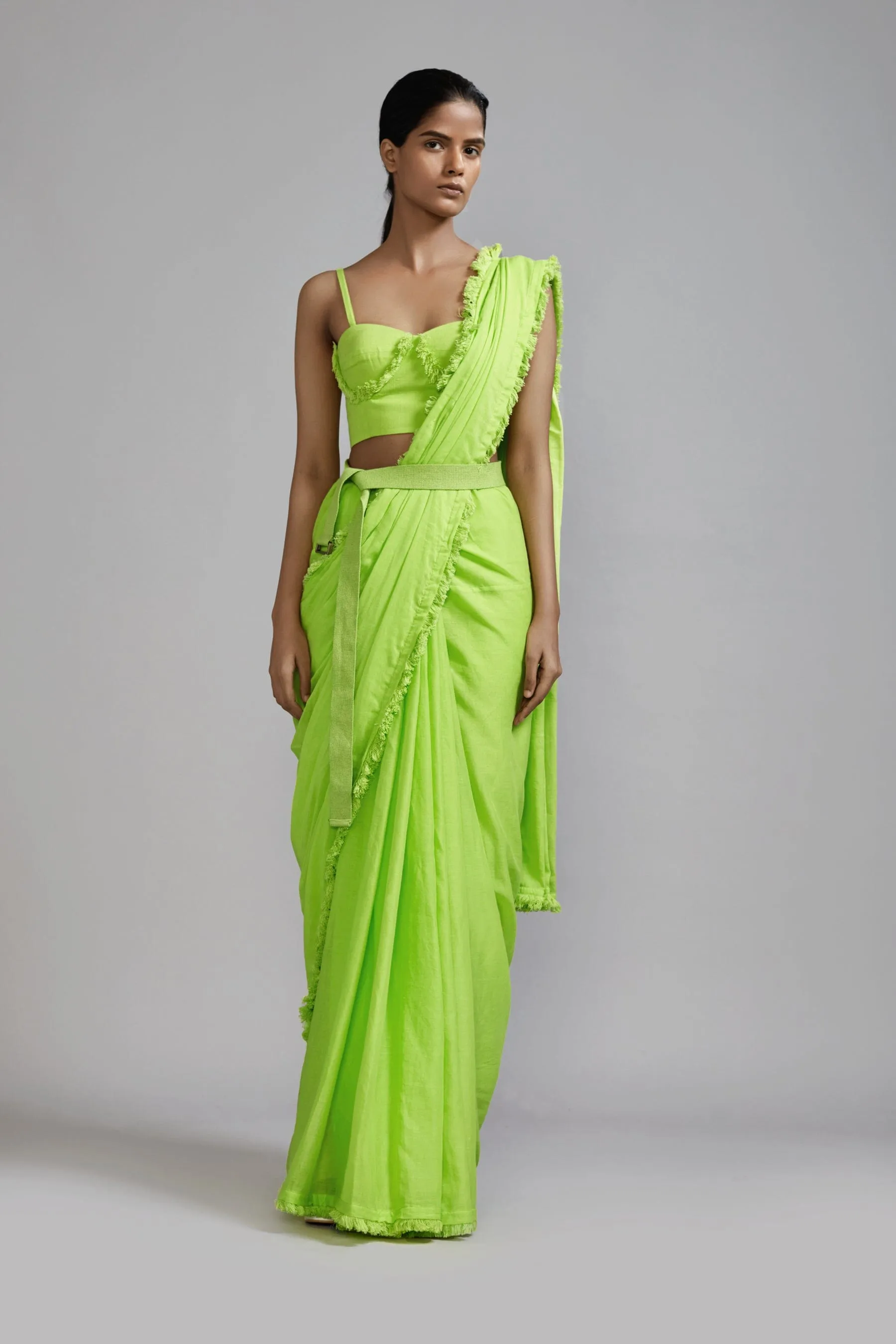 Neon Green Saree & Fringed Corset Set (2 PCS)