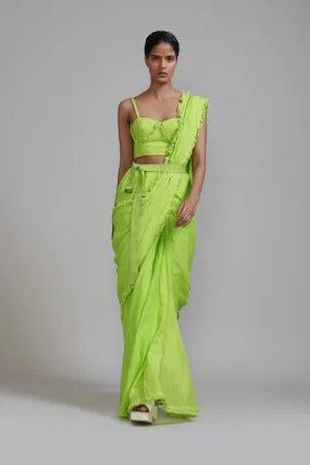 Neon Green Saree & Fringed Corset Set (2 PCS)