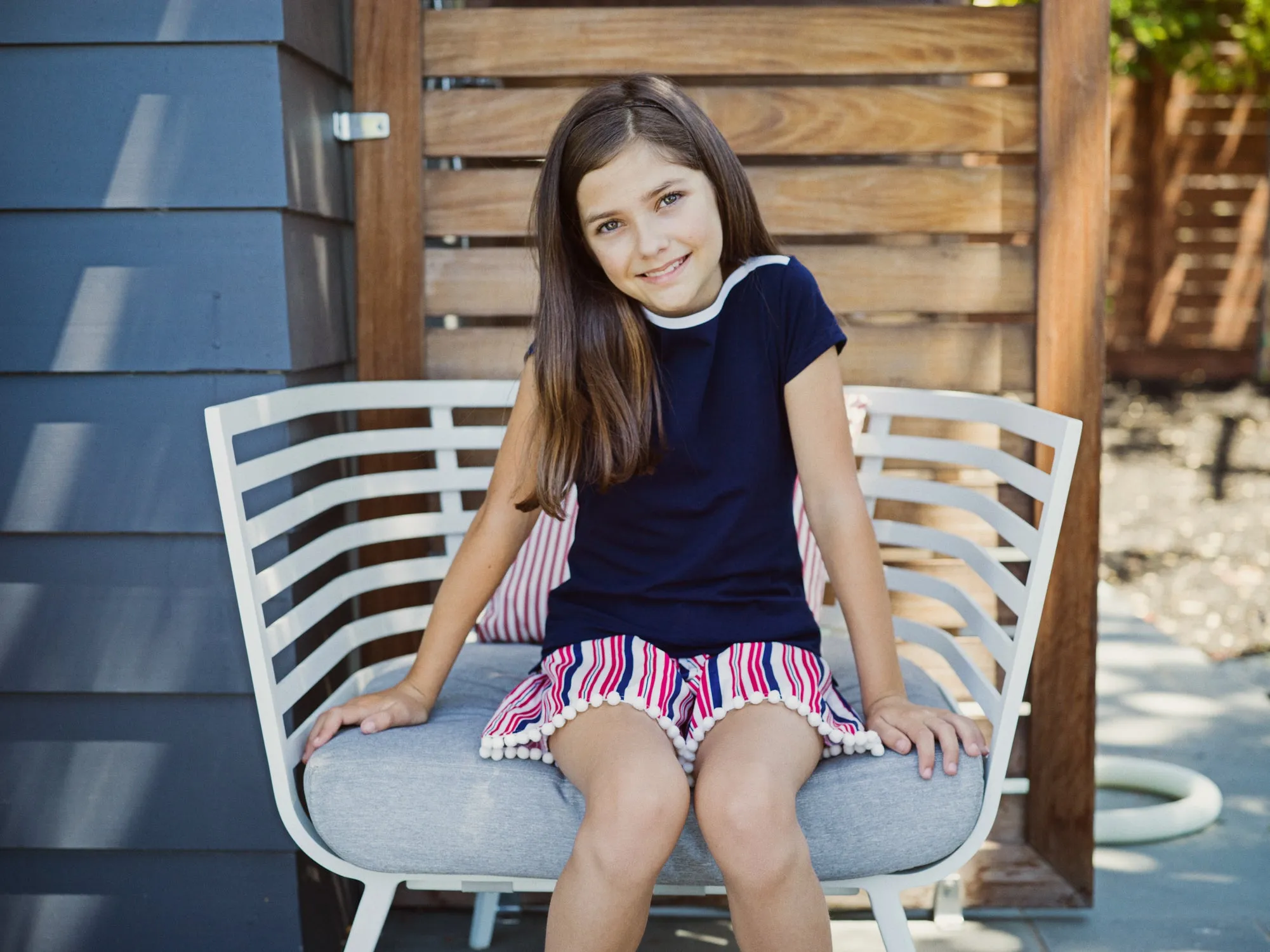 Nina Cap Sleeve Bateau Tee Navy Knit W/White Piping