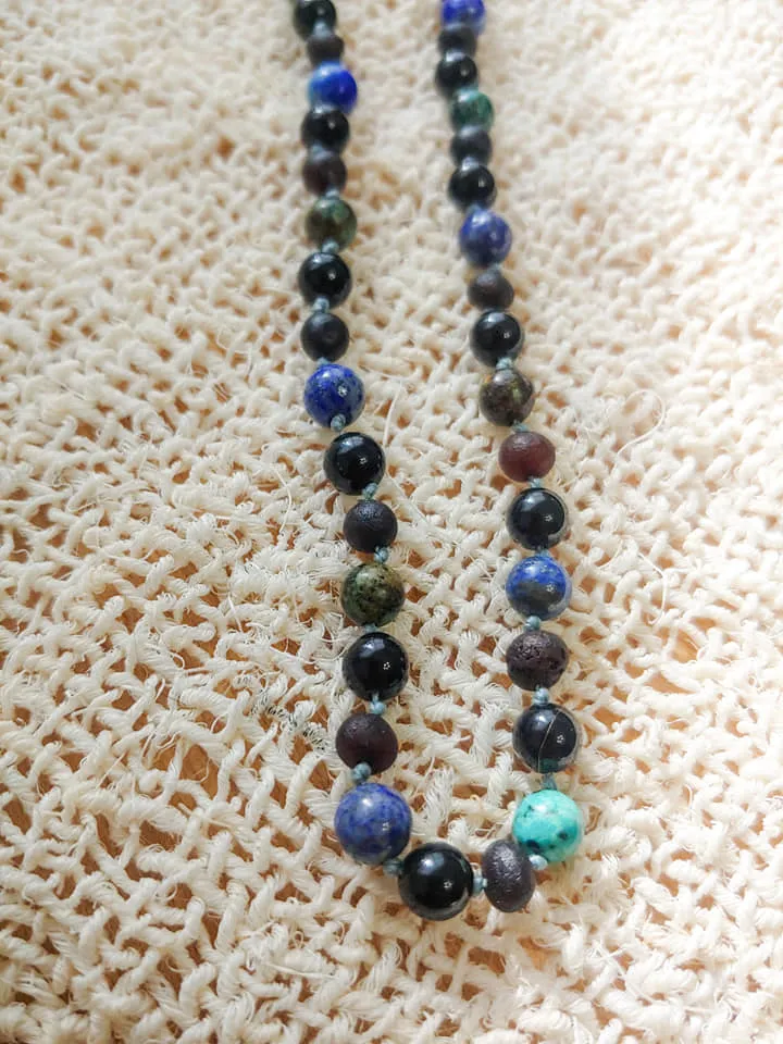 Obsidian, African Turquoise, Lapis Lazuli,    Raw Cherry Baltic Amber Necklace