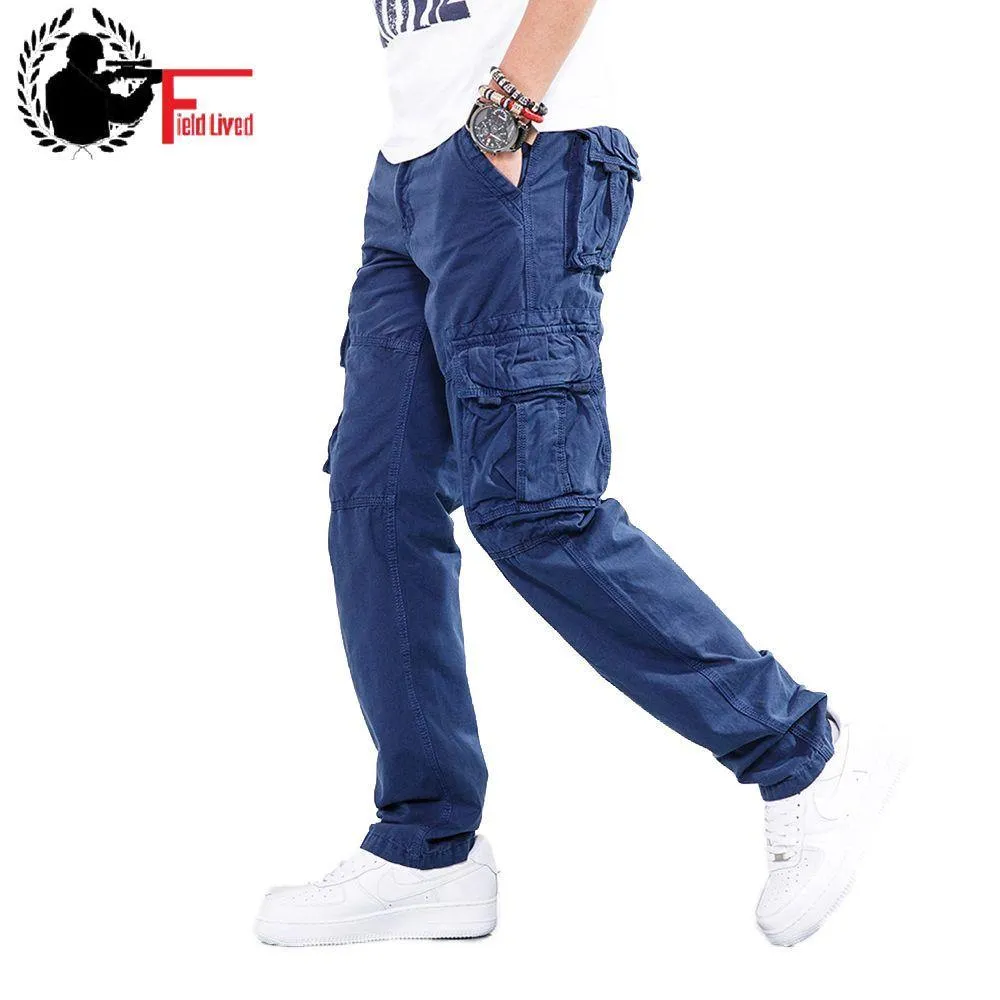 Pants Cargo Men Blue Cotton Full Length Khaki Black Army Green Military Style Many Pockets Casual Pants Male Straight Trousers