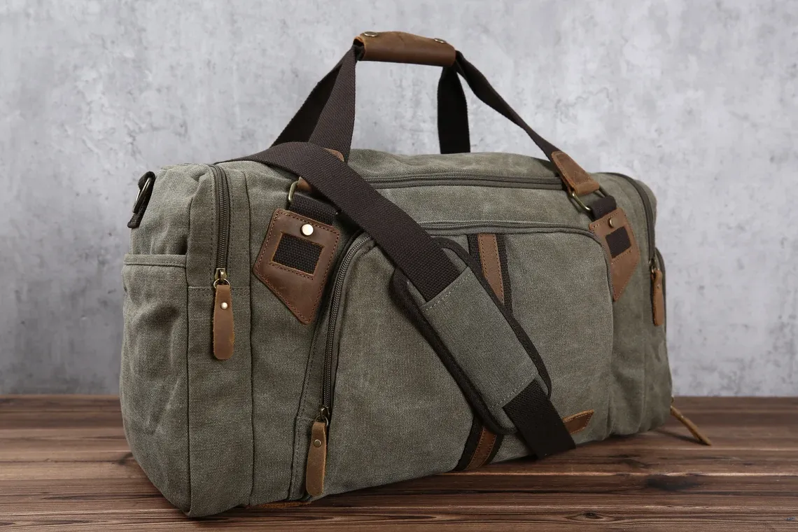 Personalized Travel Duffel Bag, Canvas Leather Weekender bag, Carry on Overnight Bag with Shoes Compartment for Men