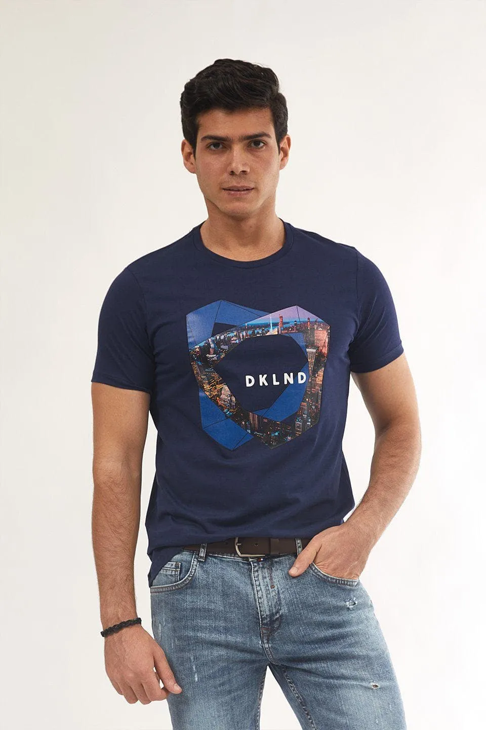 Printed Round-neck T-shirt - NAVY