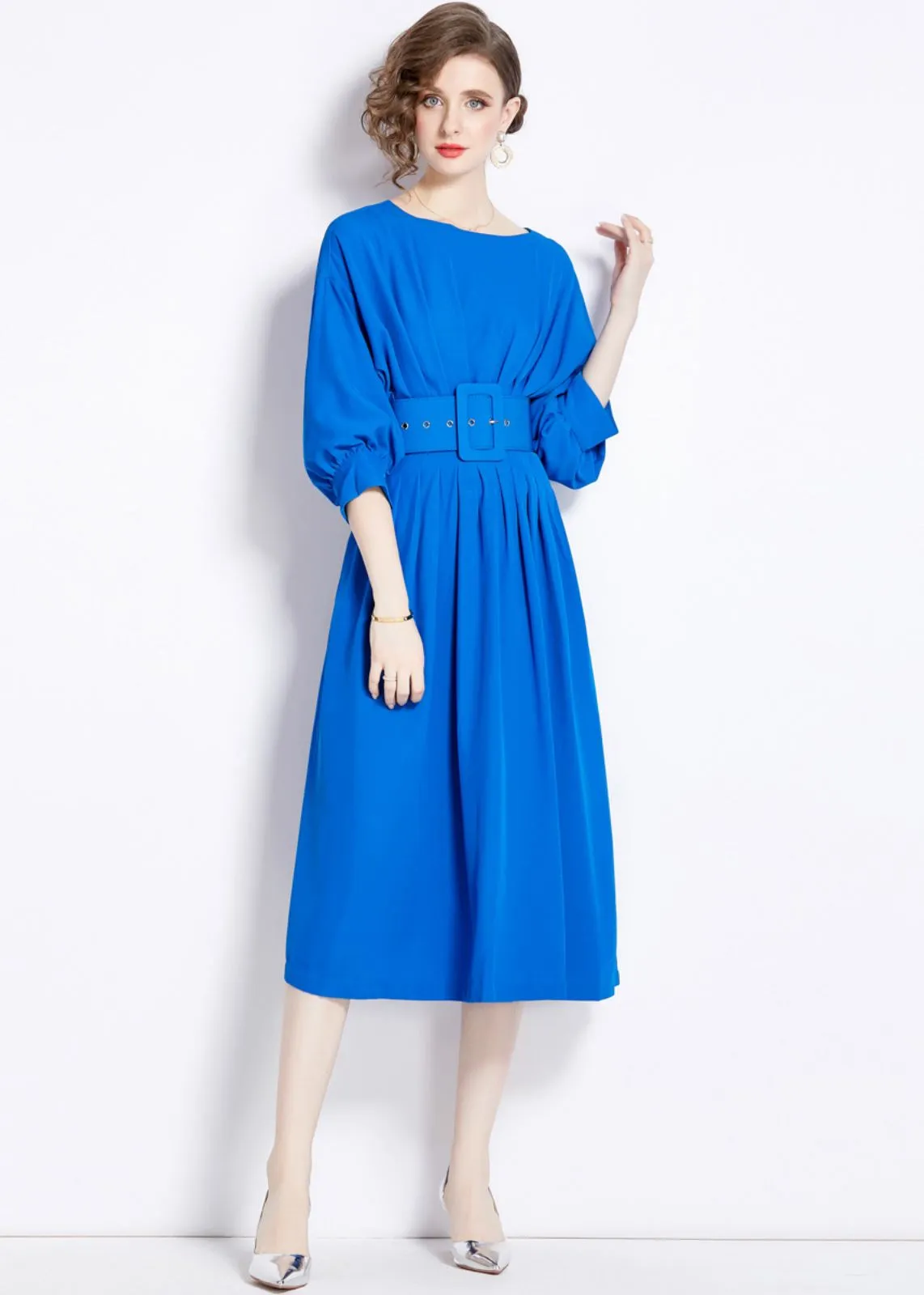 Puff Sleeve Belted Midi Dress