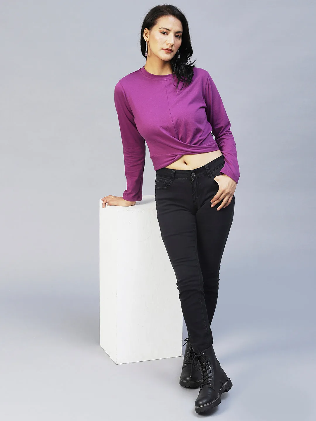 Purple Waist Knot Full Sleeve Top