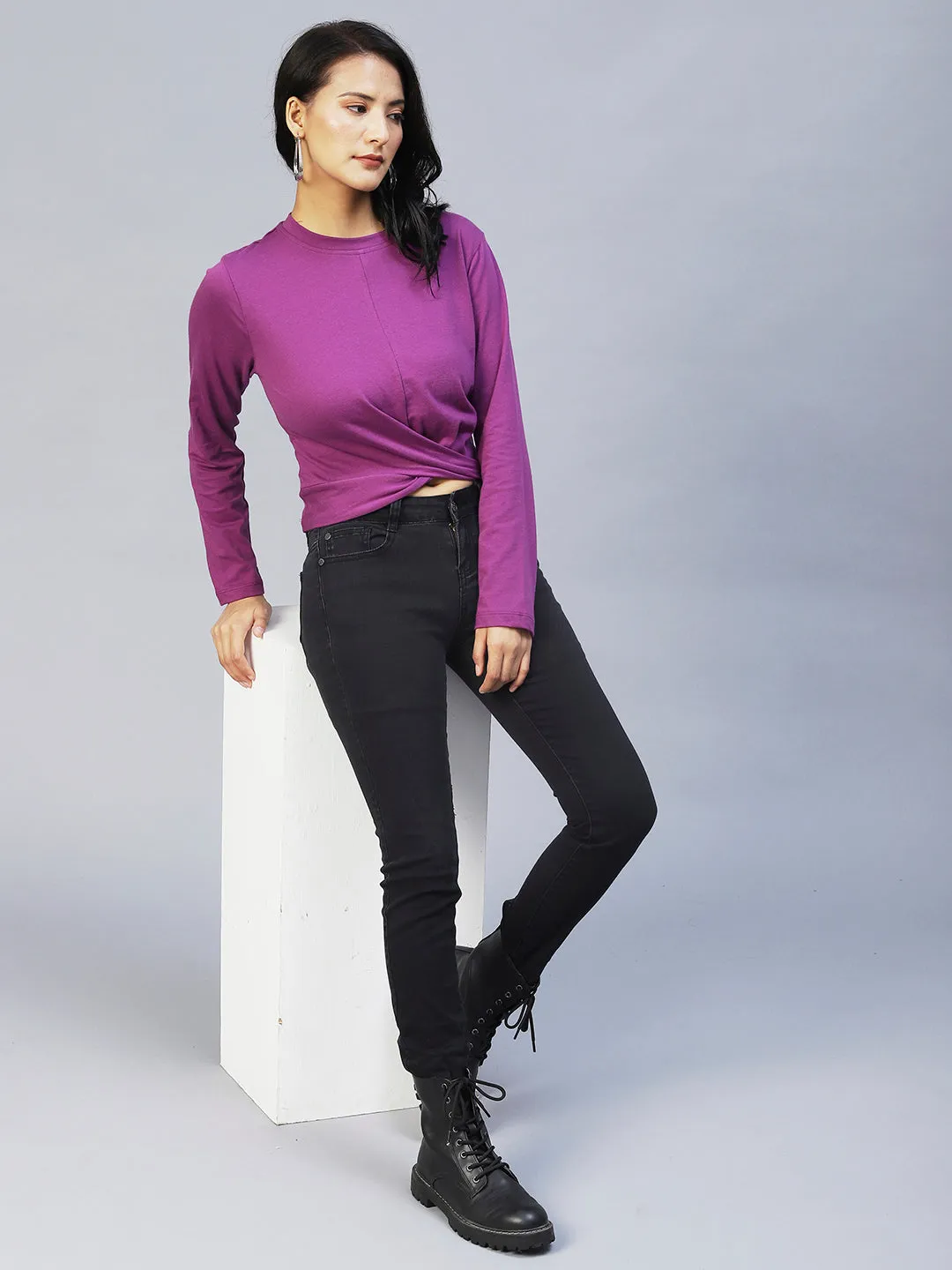 Purple Waist Knot Full Sleeve Top