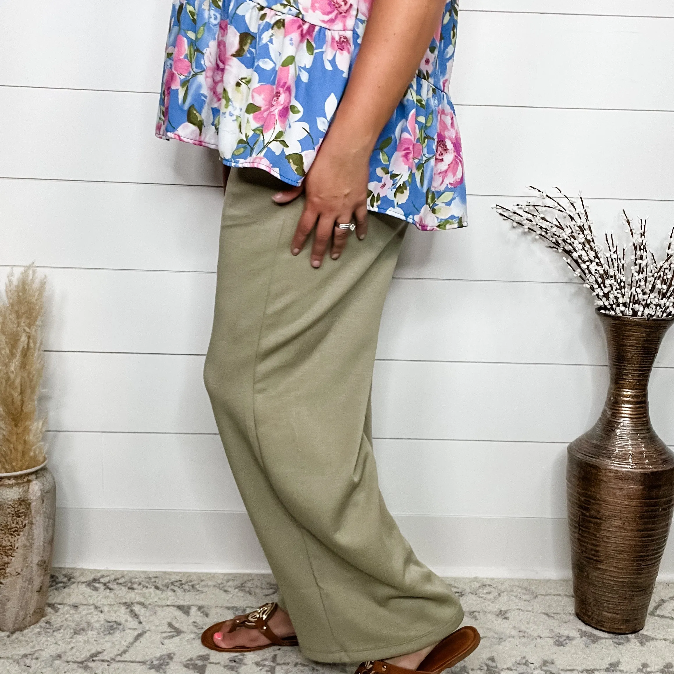 "In Flight" Wide Leg Open Bottom Casual Pants with Pockets (Sage)