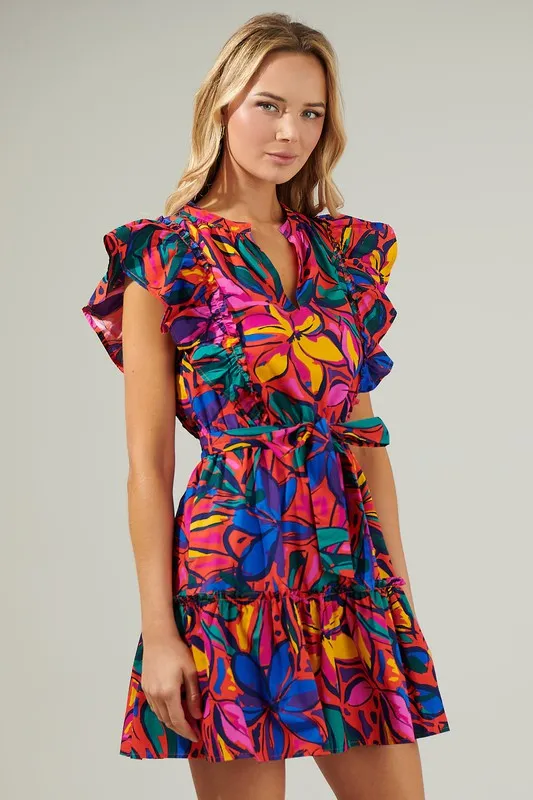 Rainbow Tropics Floral Ruffle Minin Dress