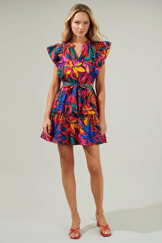 Rainbow Tropics Floral Ruffle Minin Dress