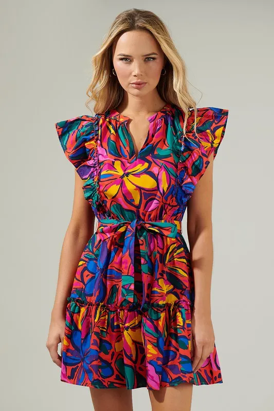 Rainbow Tropics Floral Ruffle Minin Dress