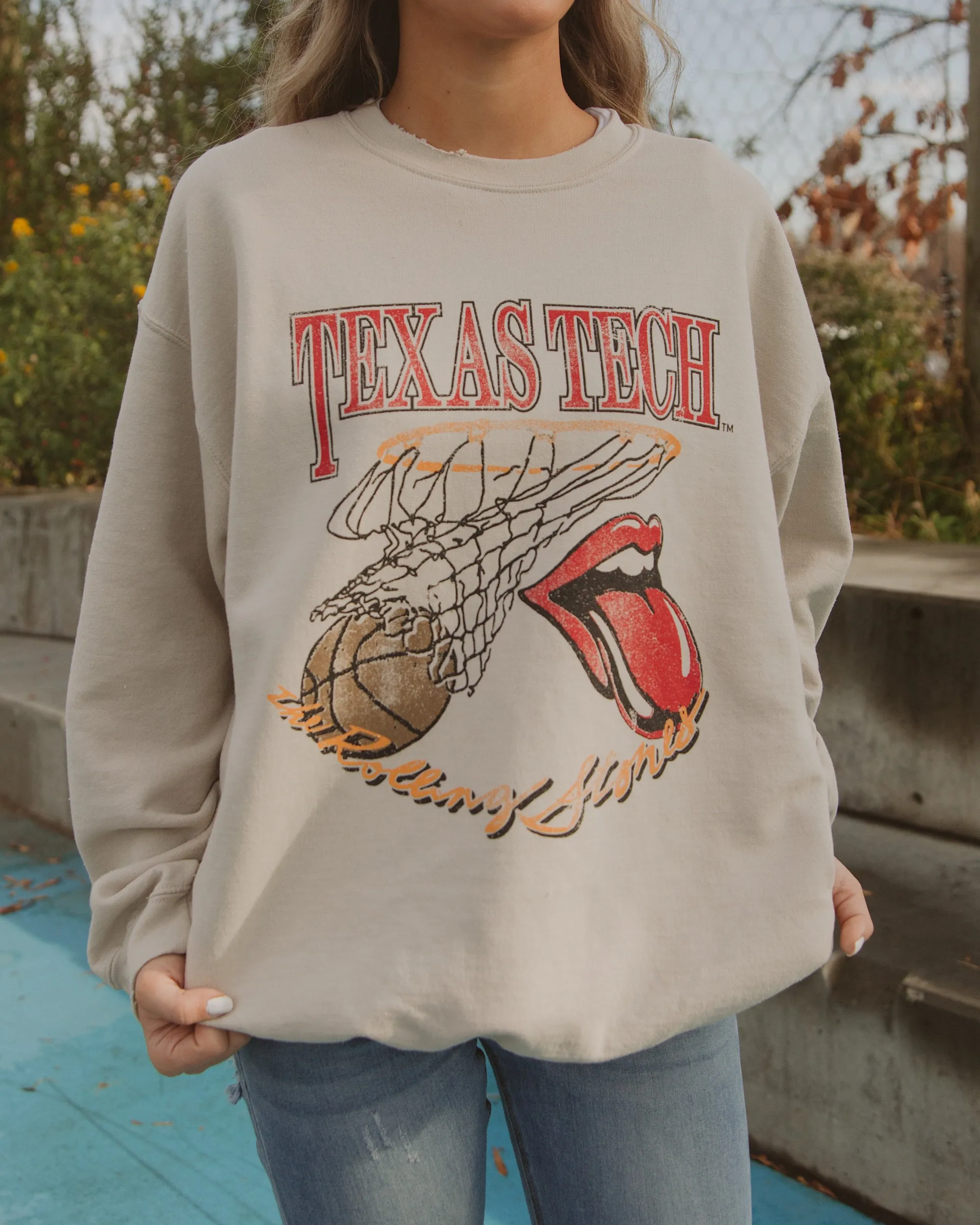 Rolling Stones Texas Tech Basketball Net Sand Thrifted Sweatshirt