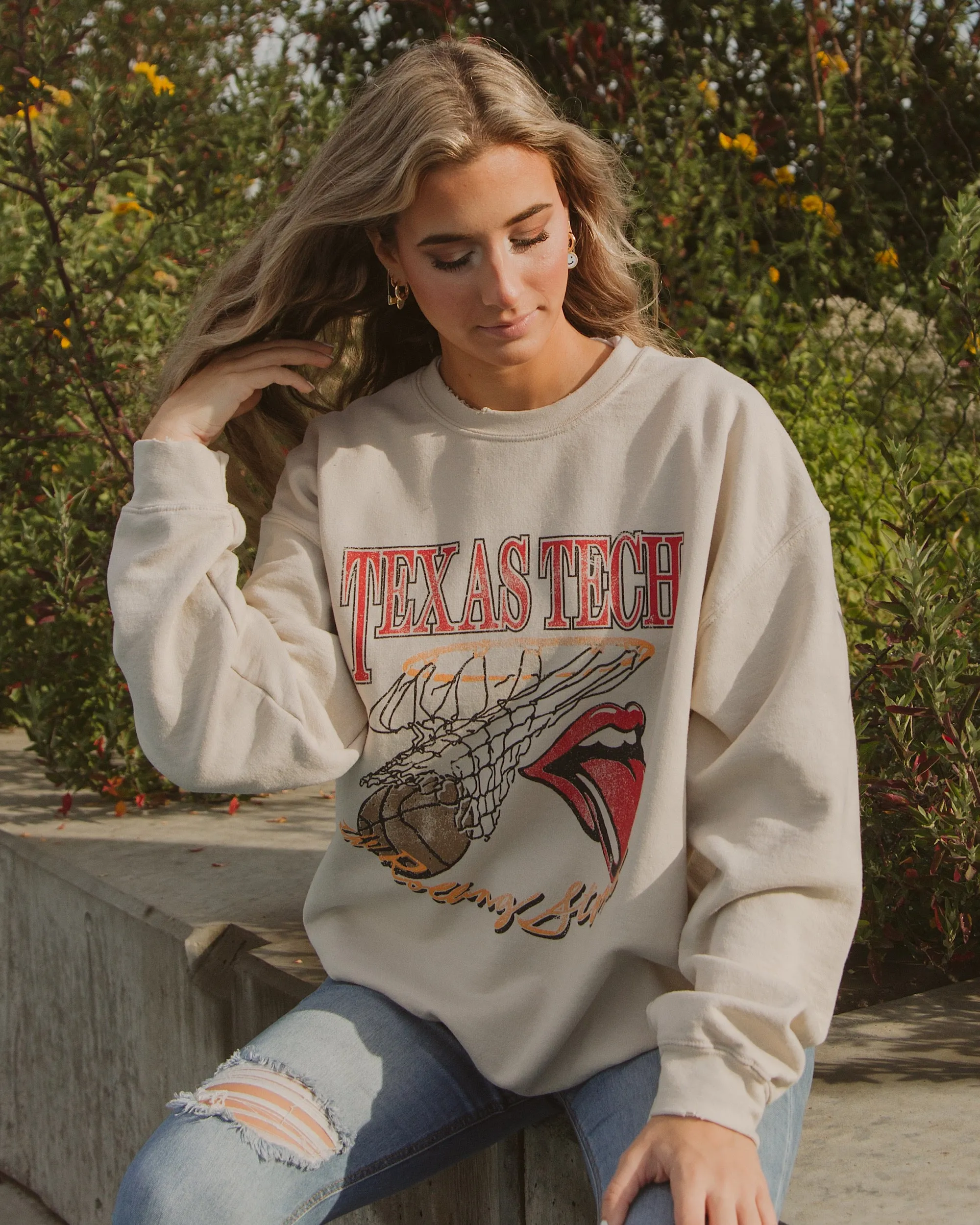 Rolling Stones Texas Tech Basketball Net Sand Thrifted Sweatshirt