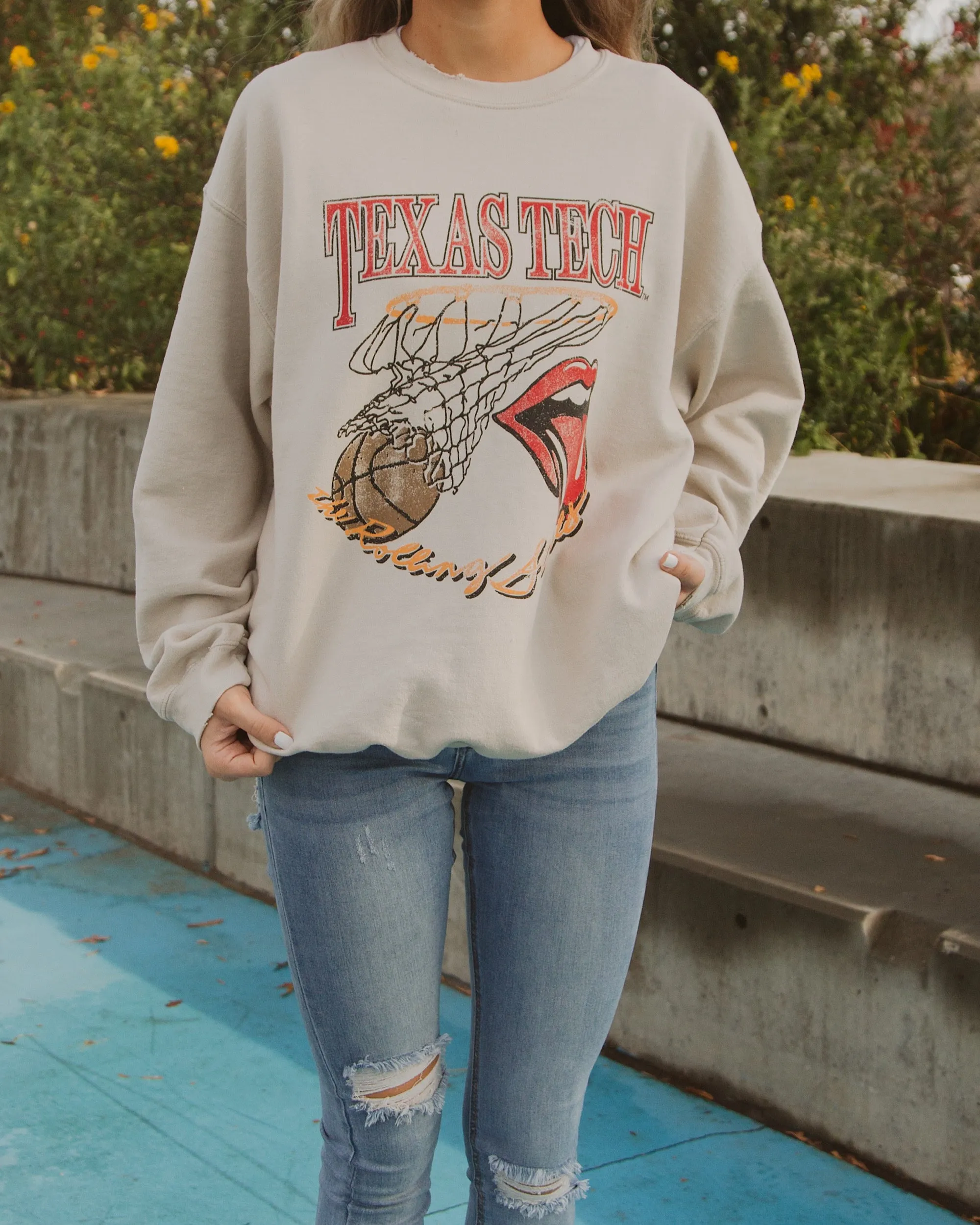 Rolling Stones Texas Tech Basketball Net Sand Thrifted Sweatshirt