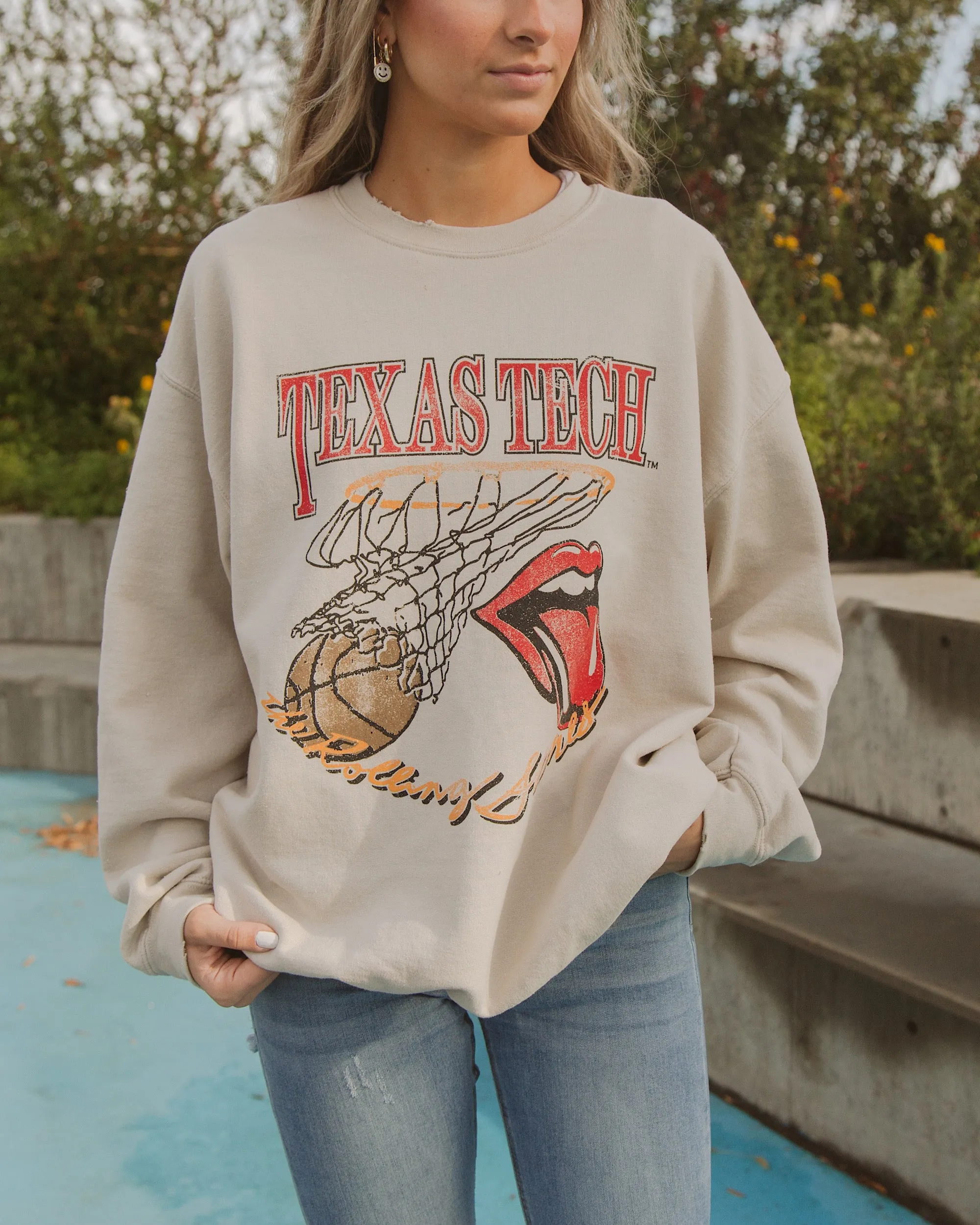 Rolling Stones Texas Tech Basketball Net Sand Thrifted Sweatshirt