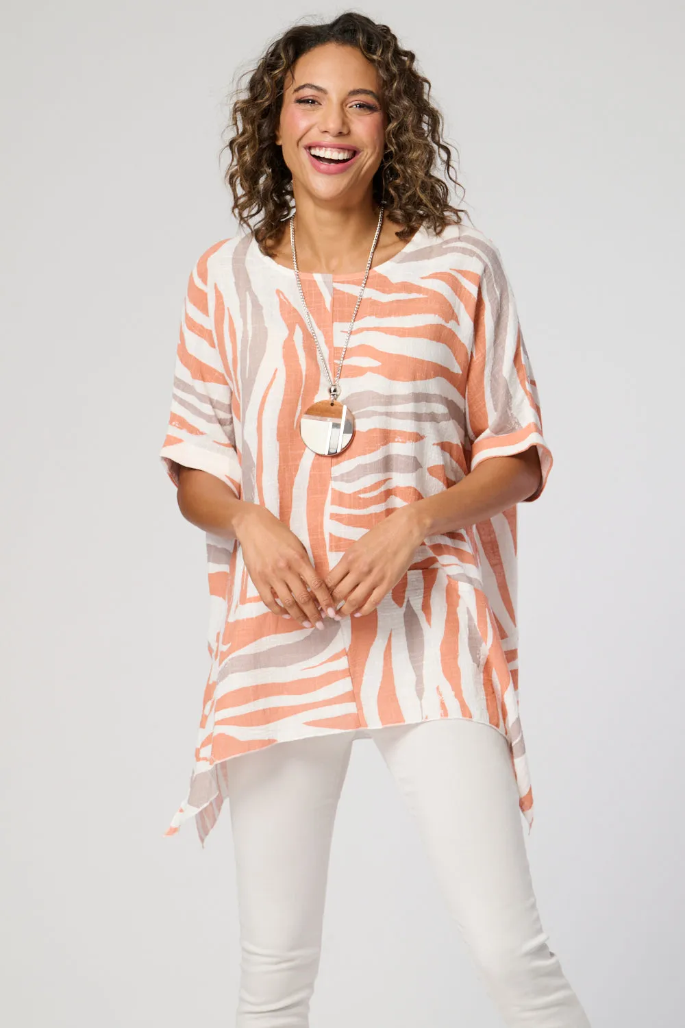 Saloos Zebra Print Panelled Cotton Top with Necklace