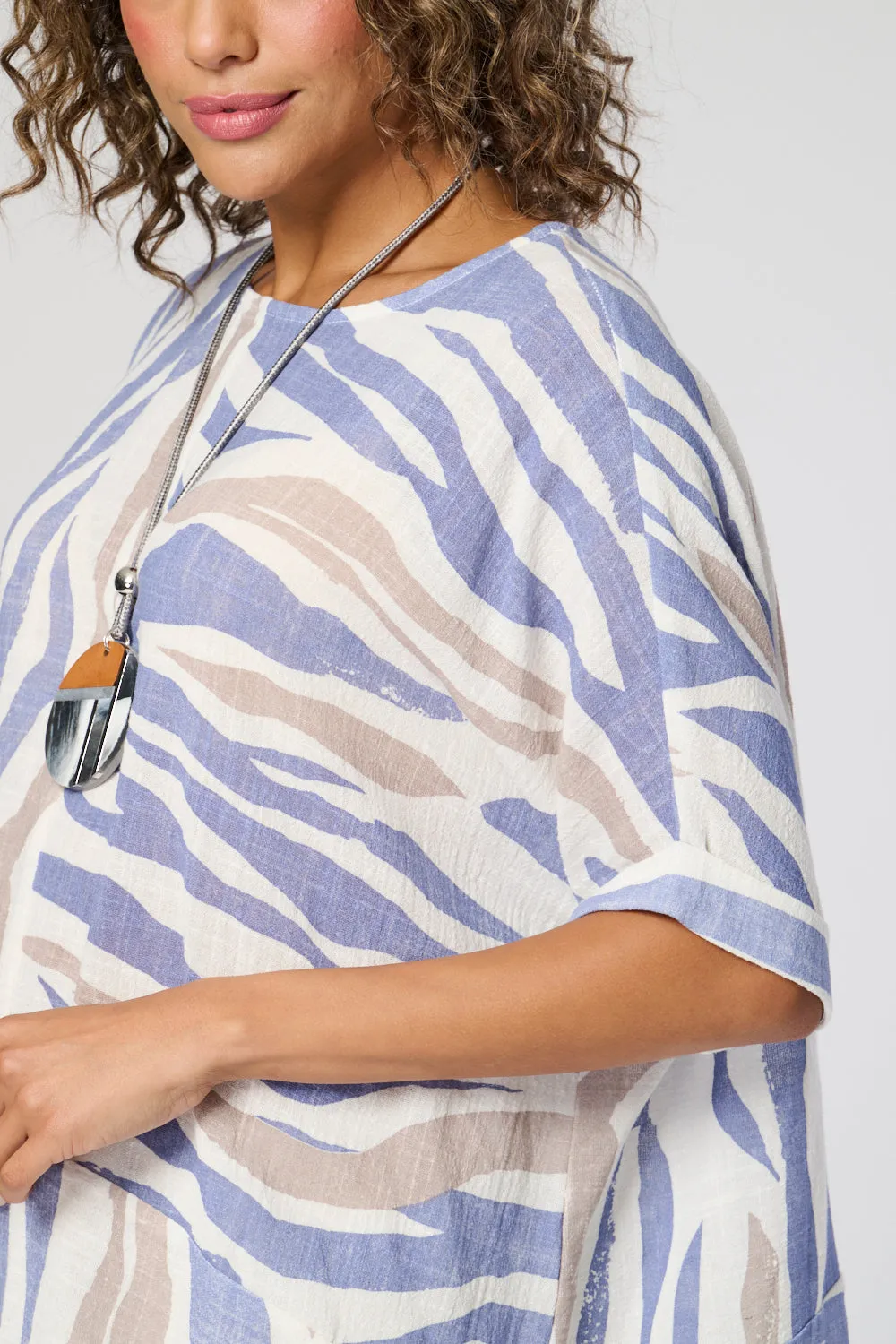 Saloos Zebra Print Panelled Cotton Top with Necklace