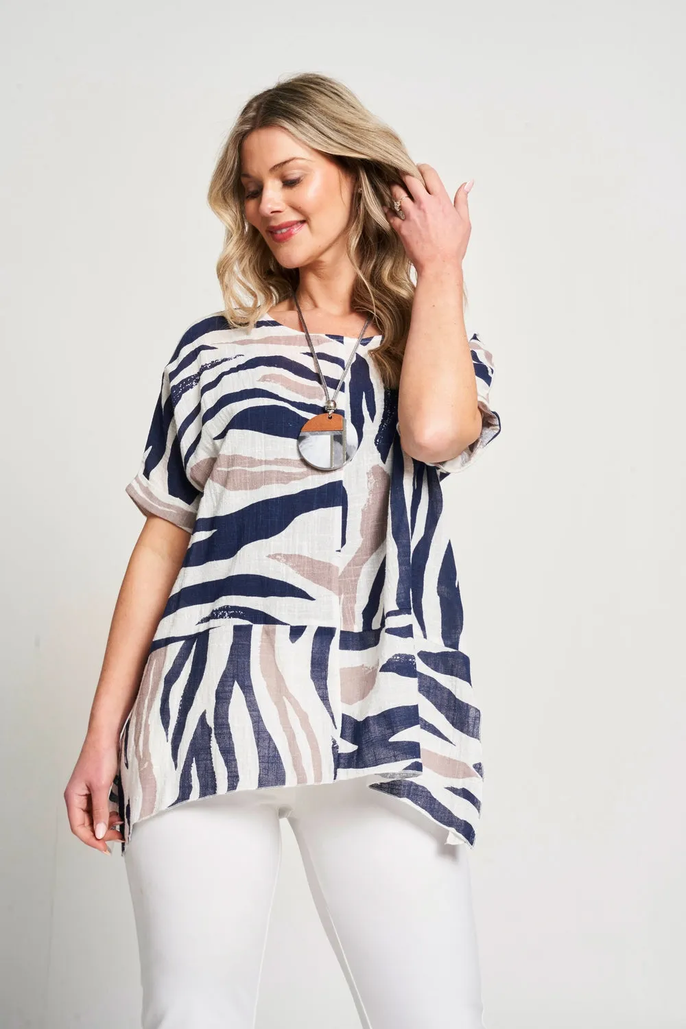 Saloos Zebra Print Panelled Cotton Top with Necklace