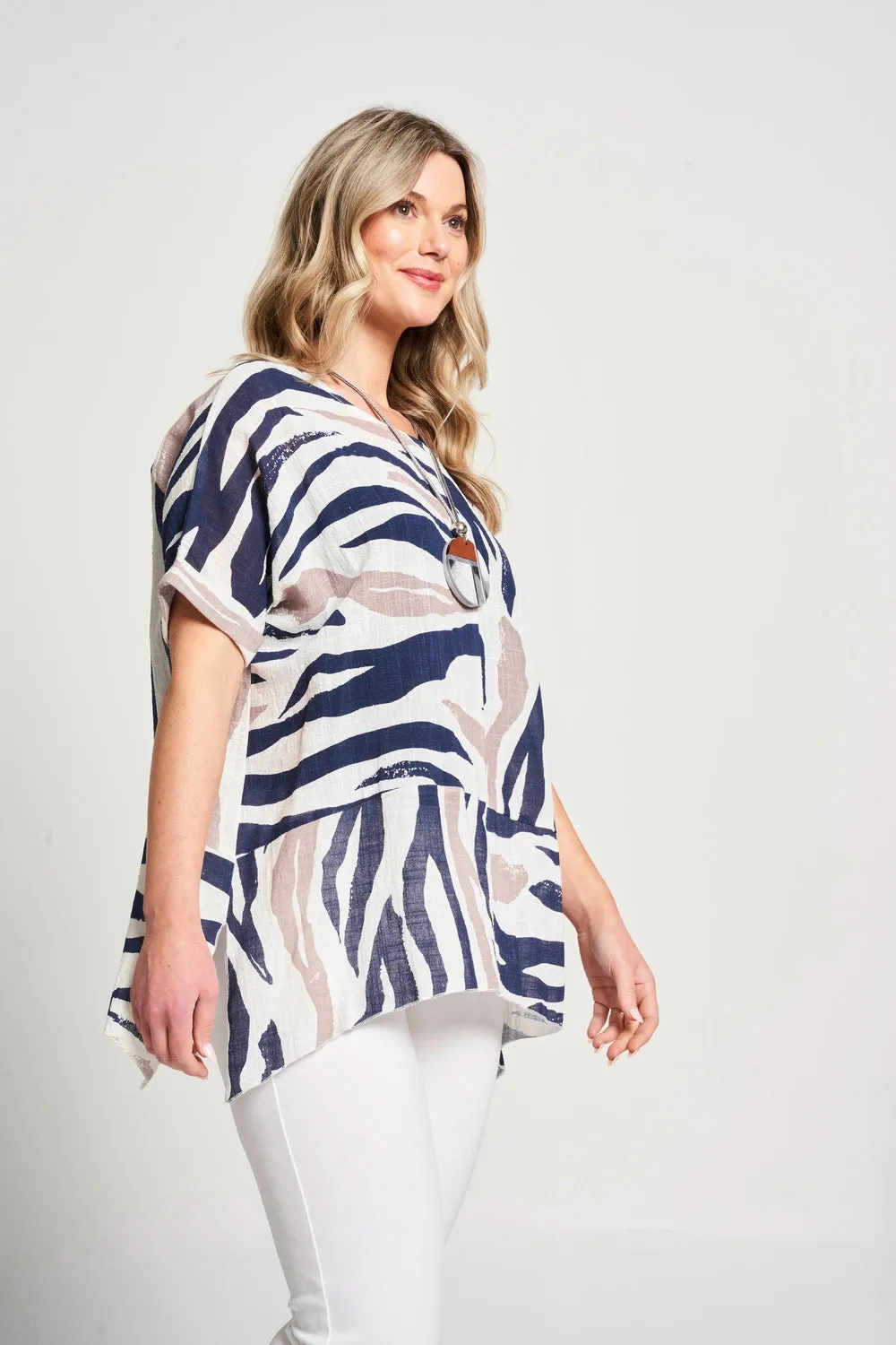 Saloos Zebra Print Panelled Cotton Top with Necklace