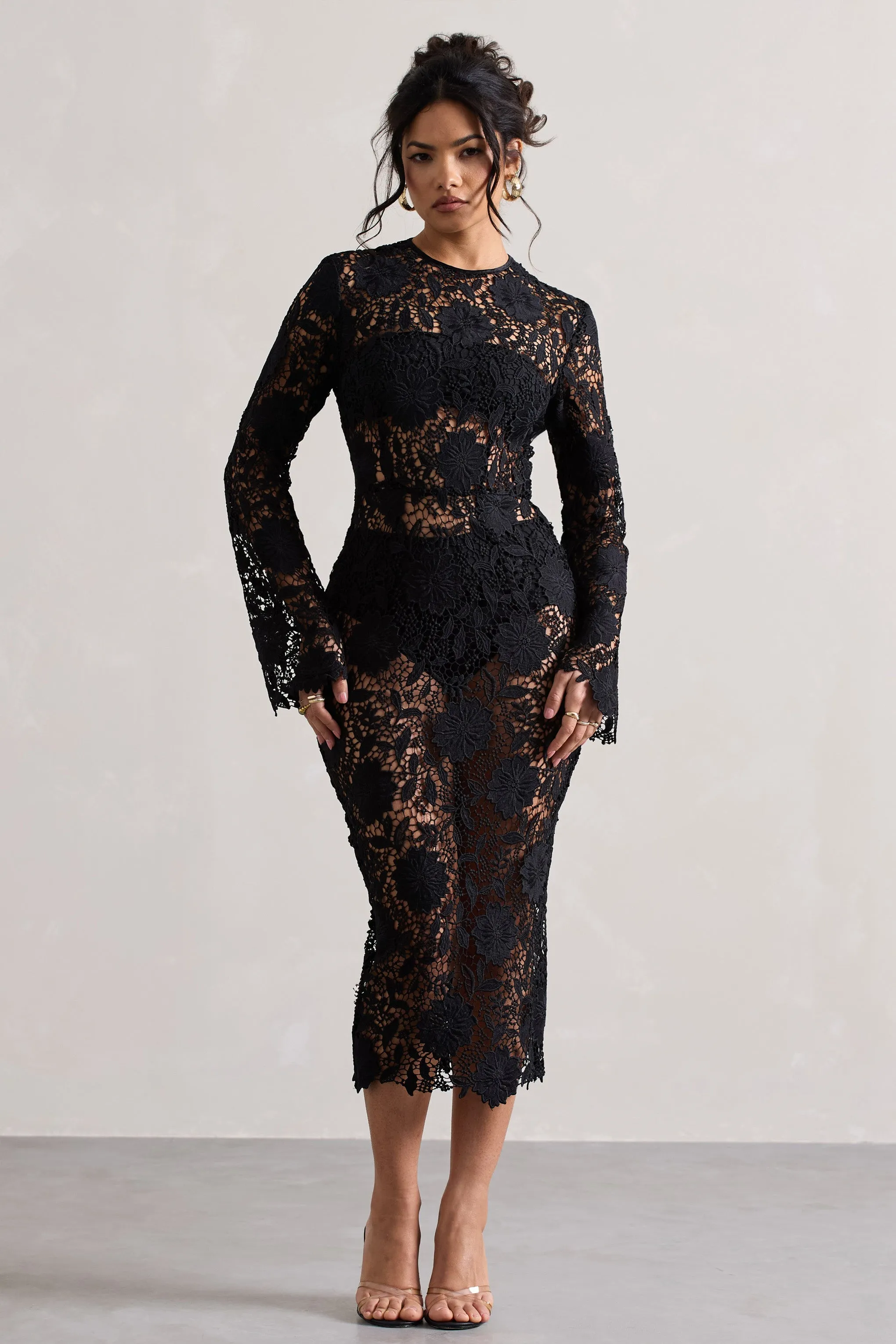 Scandal | Black Lace Long-Sleeved Midi Dress