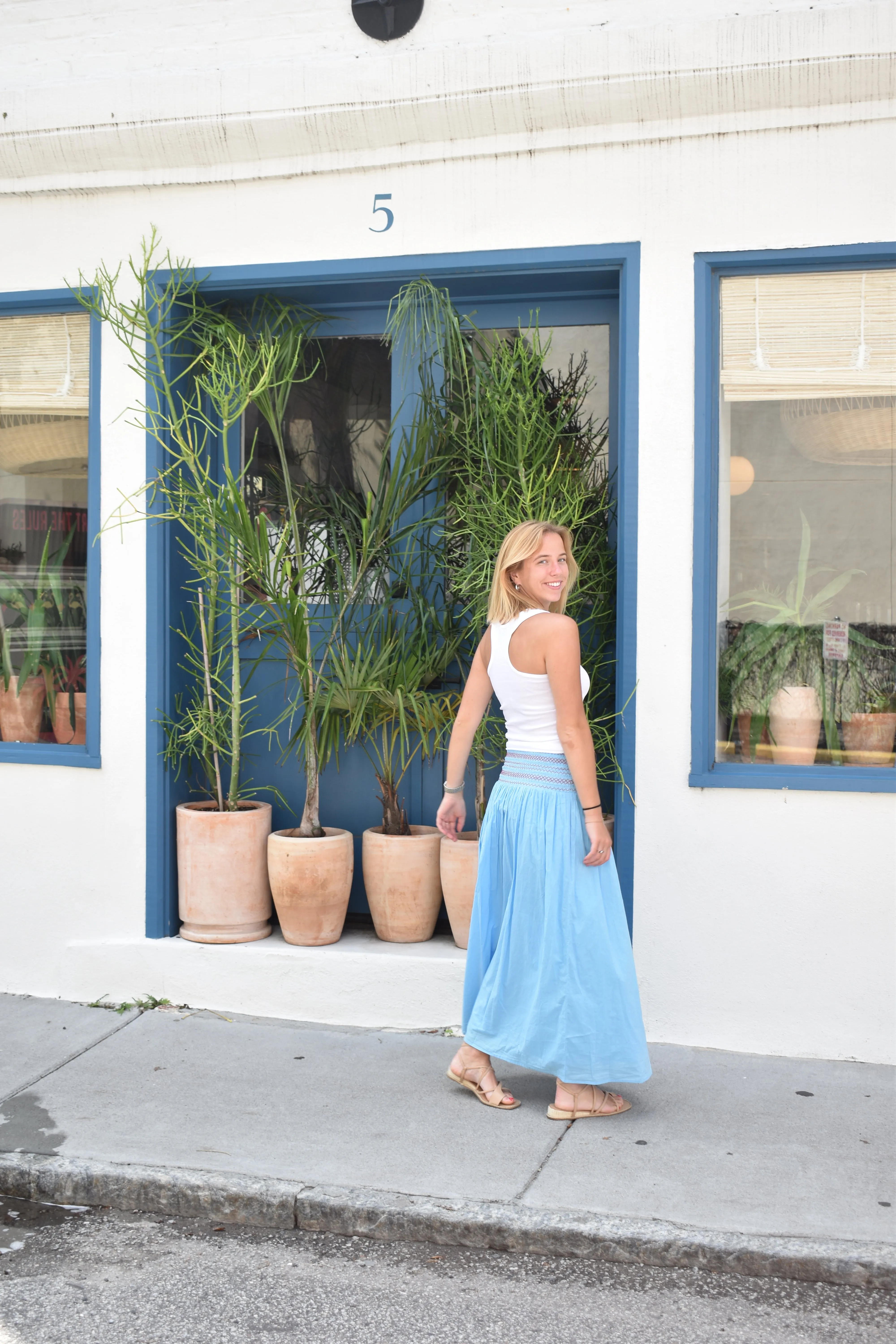 Serena Mykonos Maxi Skirt Sky Blue with Red Stitching