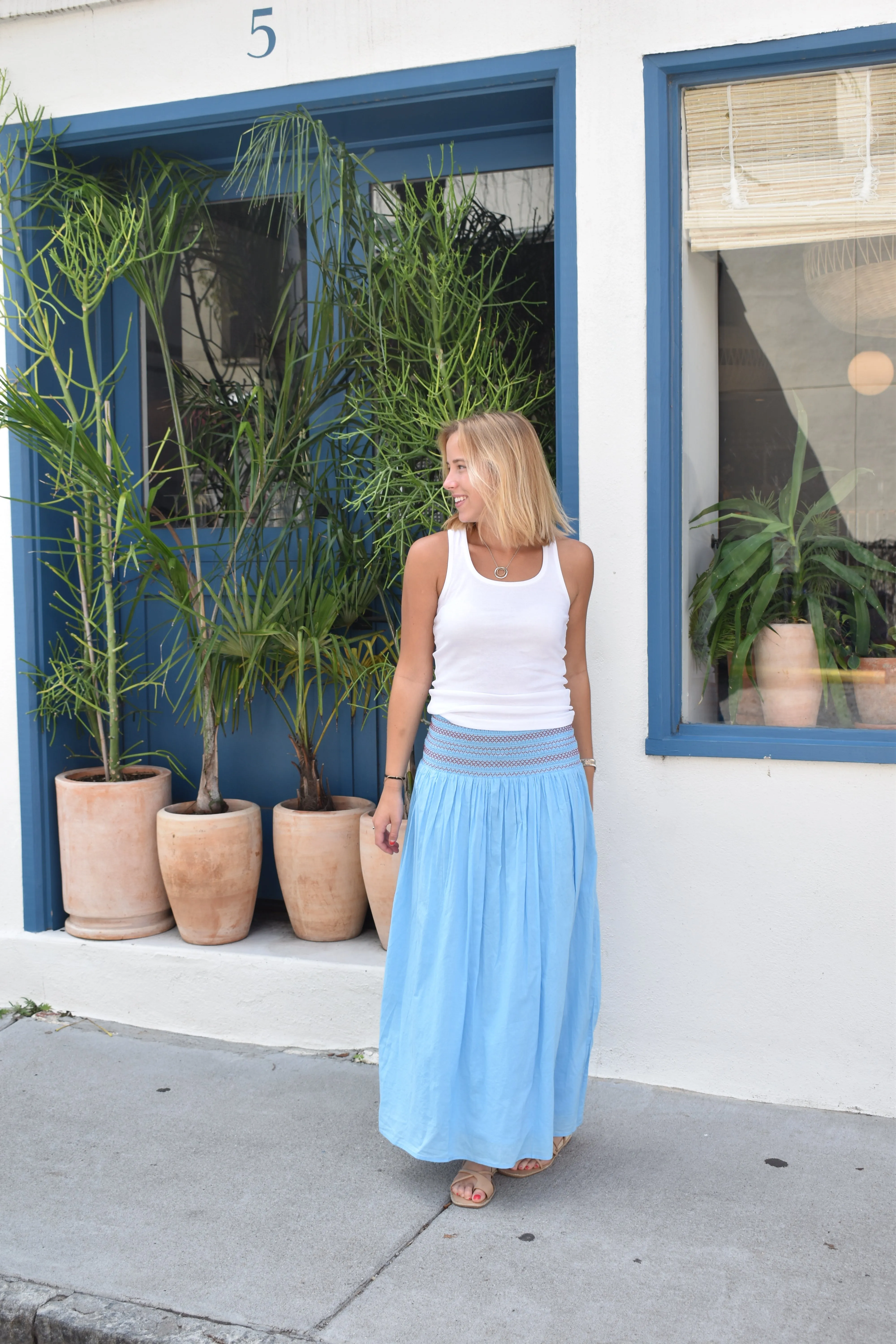 Serena Mykonos Maxi Skirt Sky Blue with Red Stitching