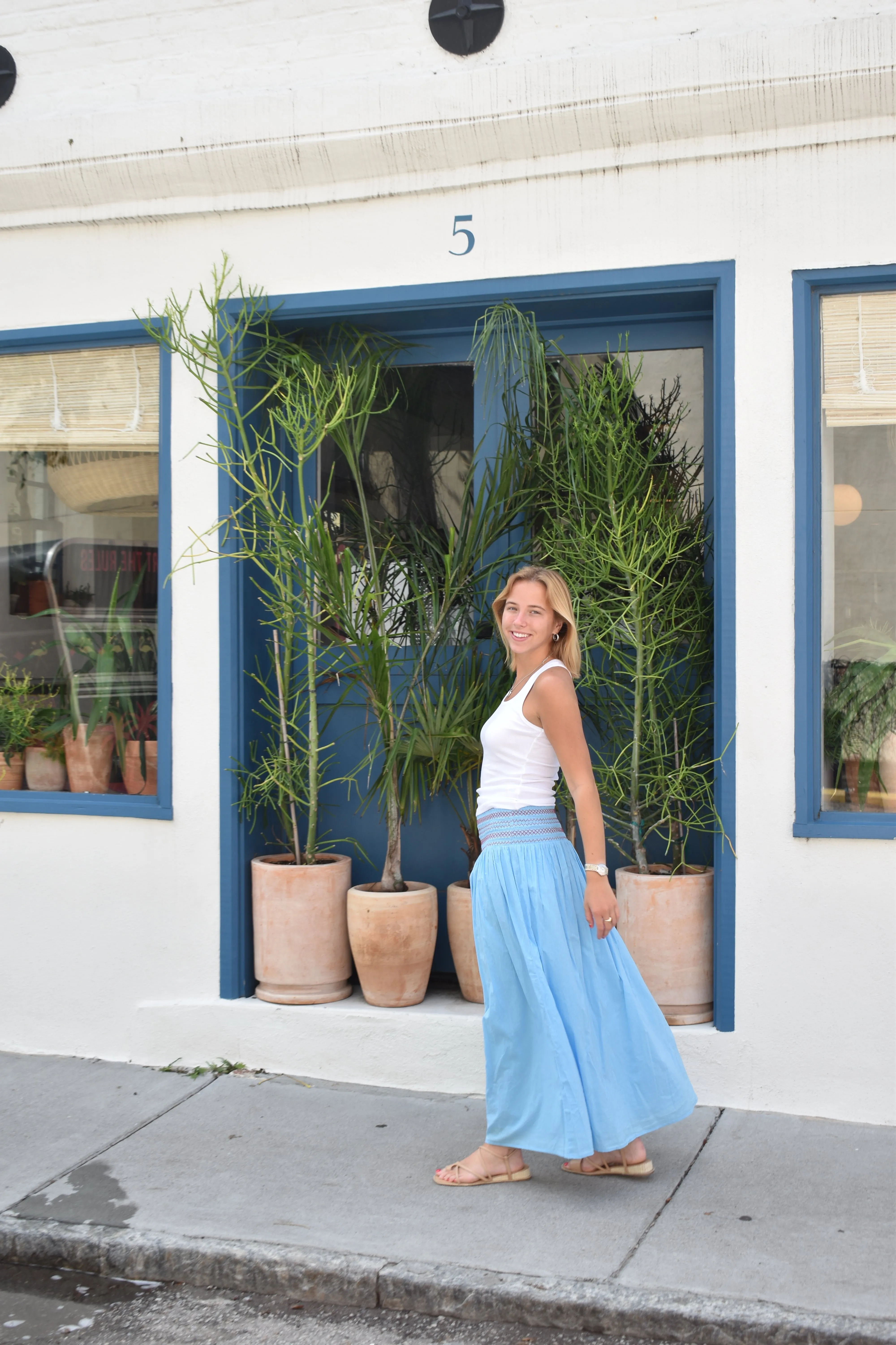 Serena Mykonos Maxi Skirt Sky Blue with Red Stitching