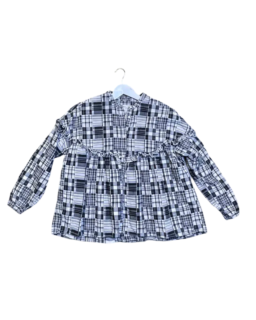 Size S/M - You Must Create Black   White Plaid Ruffle Top