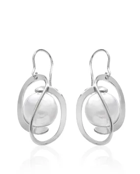 Sterling Silver Rhodium Plated Ling Fish Wire Earrings for Women with Organic Pearl, 12mm Coin White Pearl, Corcega Collection